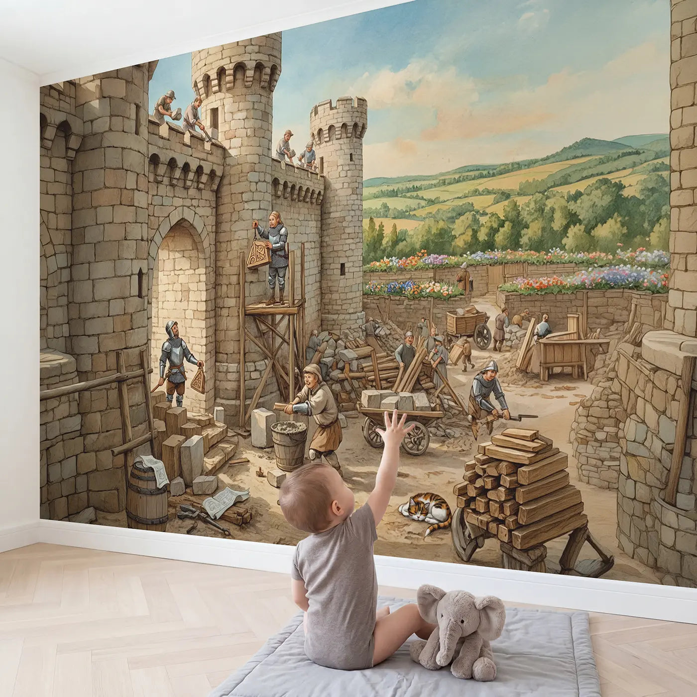 Child in nursery with Castle Tower Construction Wallpaper Mural by Whimsy Tots
