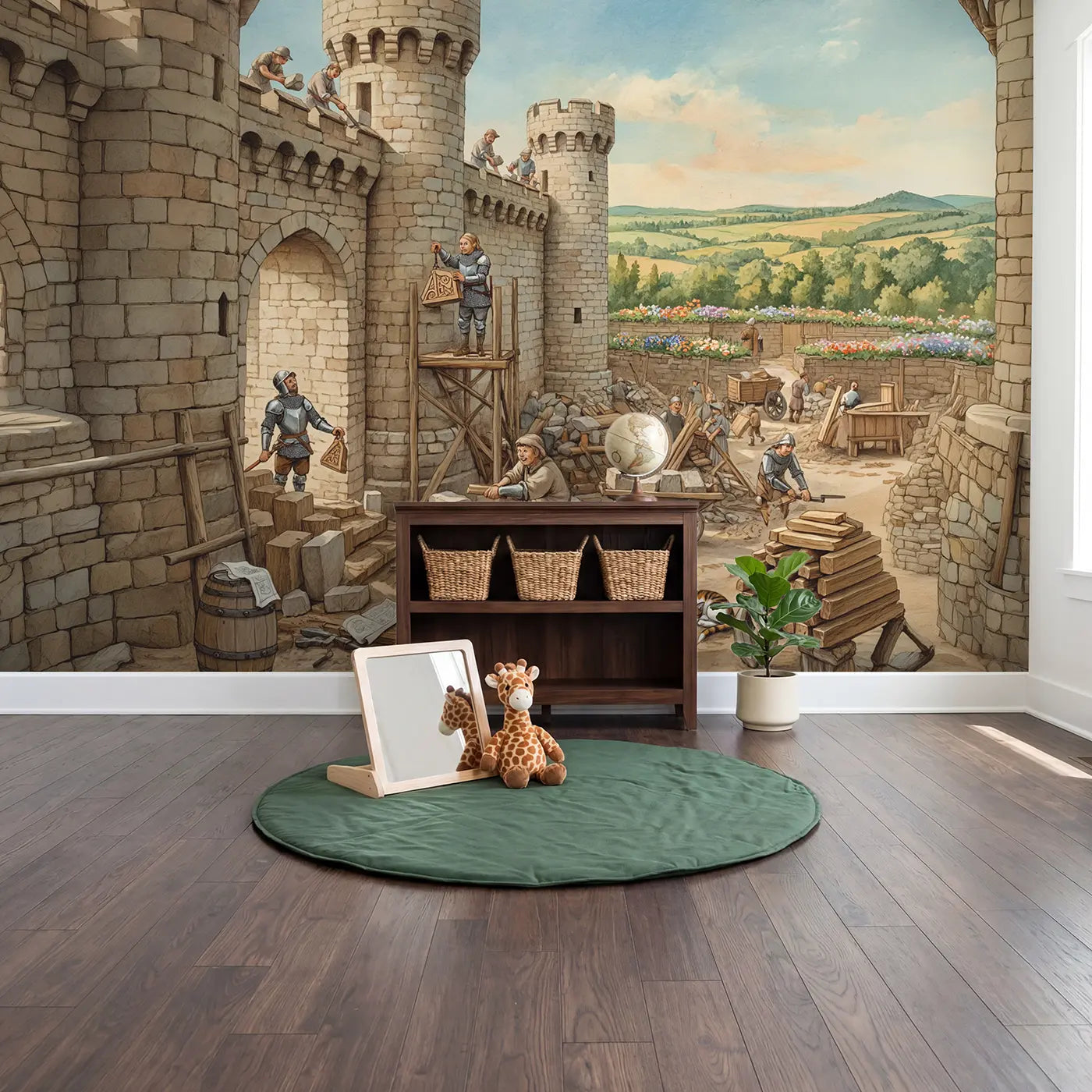 Castle Tower Construction Wallpaper Mural in playroom setting by Whimsy Tots