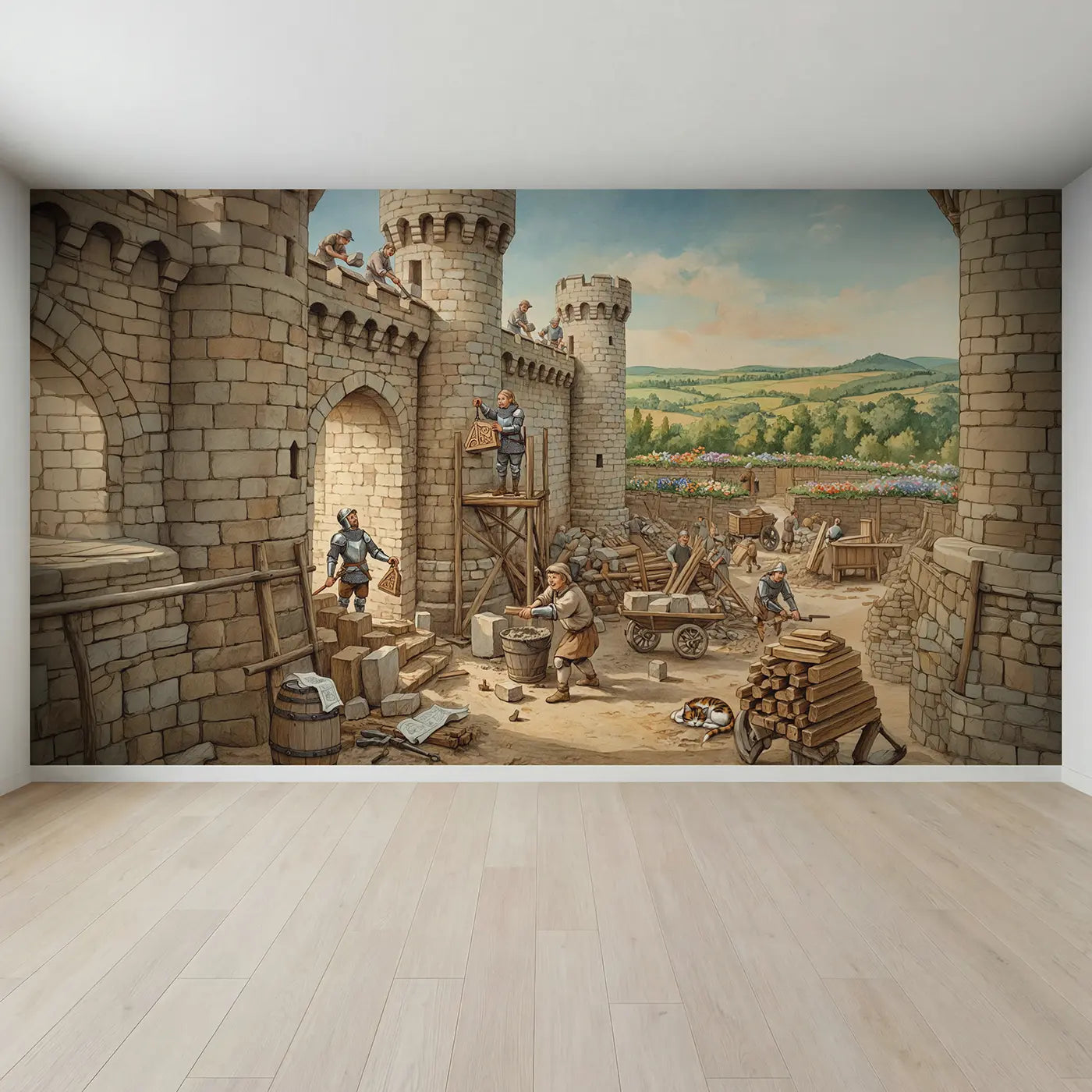 Full view of Castle Tower Construction Wallpaper Mural by Whimsy Tots