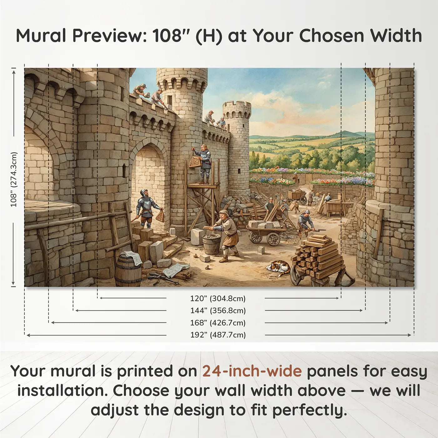 Panel layout and dimensions for Castle Tower Construction Wallpaper Mural by Whimsy Tots