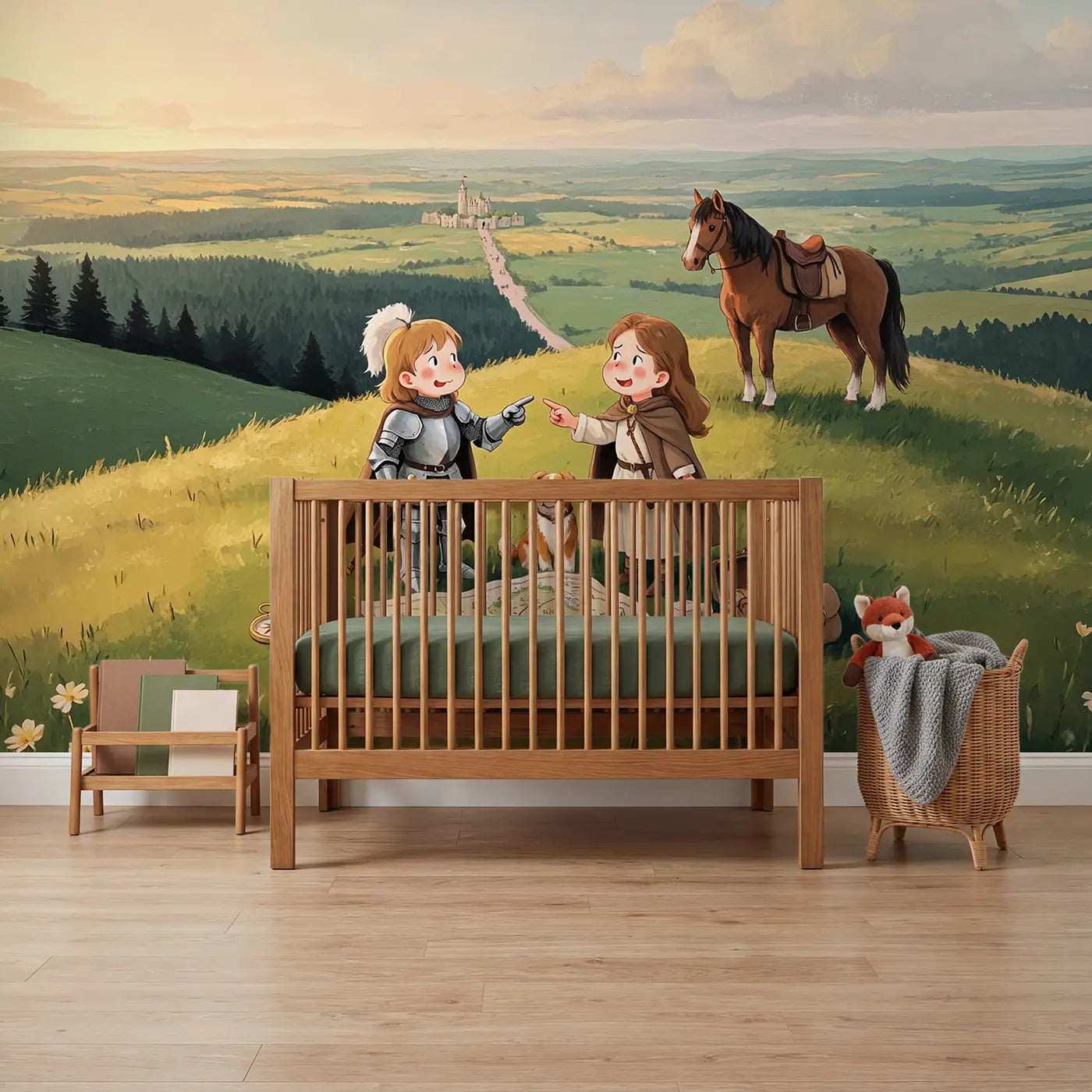 Soft pastel knight and princess wallpaper mural for boys room by Whimsy Tots