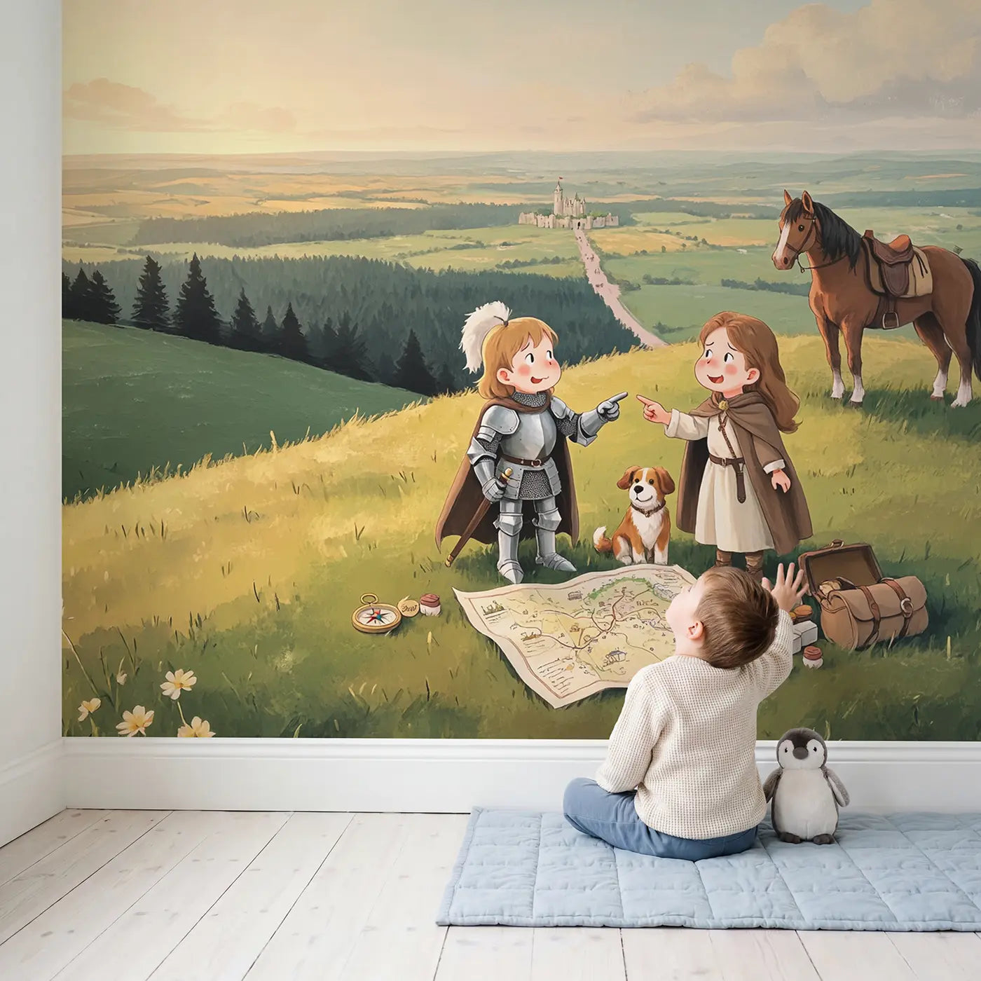 Child in nursery with Knight and Princess Map Adventure Wallpaper Mural by Whimsy Tots