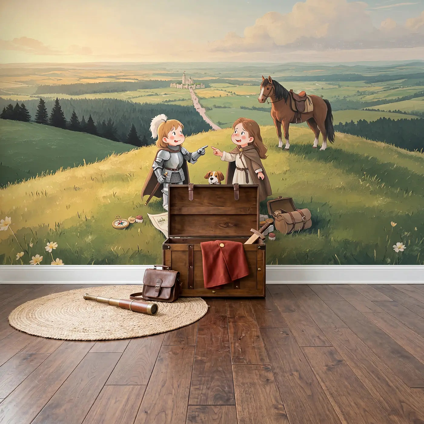 Knight and Princess Map Adventure Wallpaper Mural in playroom setting by Whimsy Tots