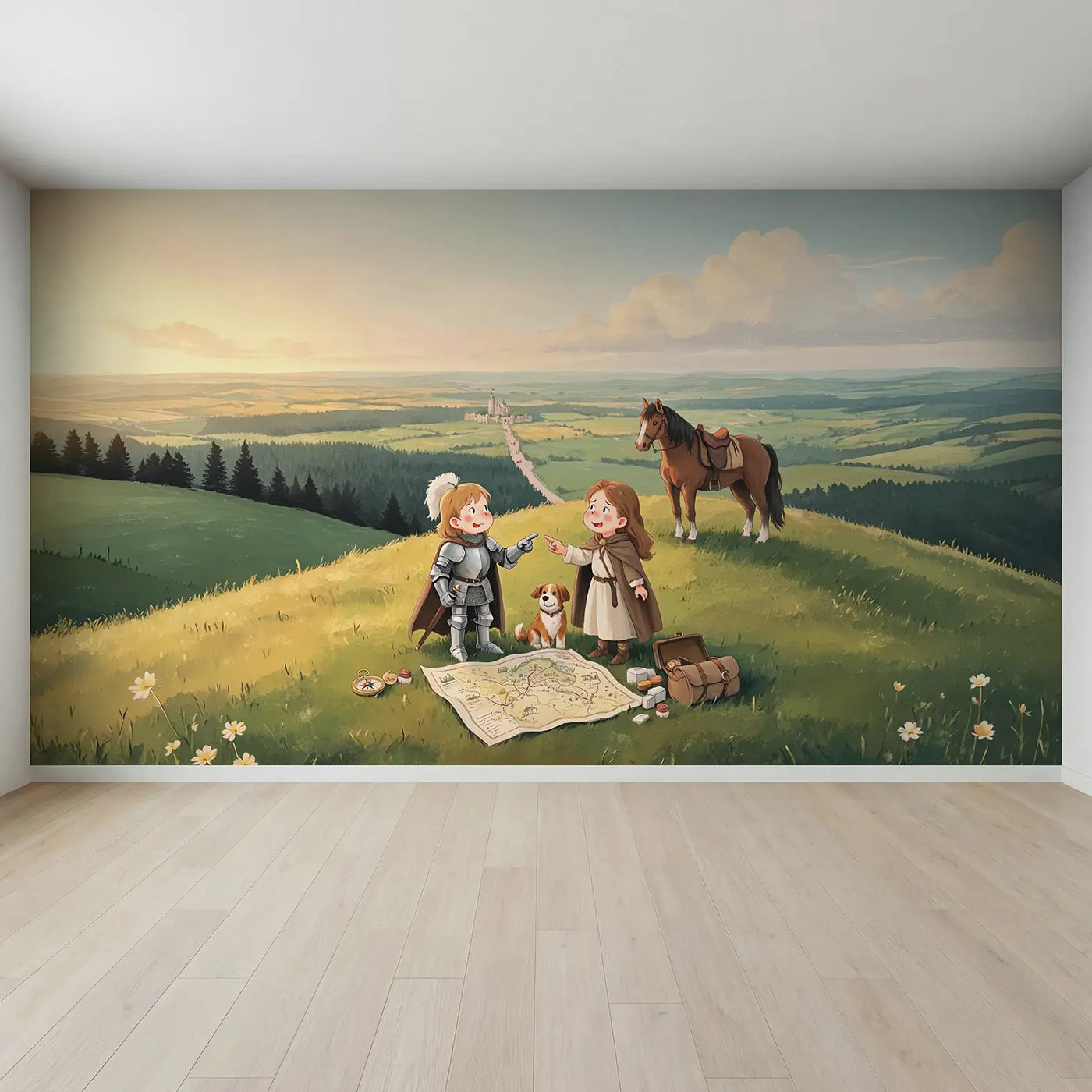 Full view of Knight and Princess Map Adventure Wallpaper Mural by Whimsy Tots