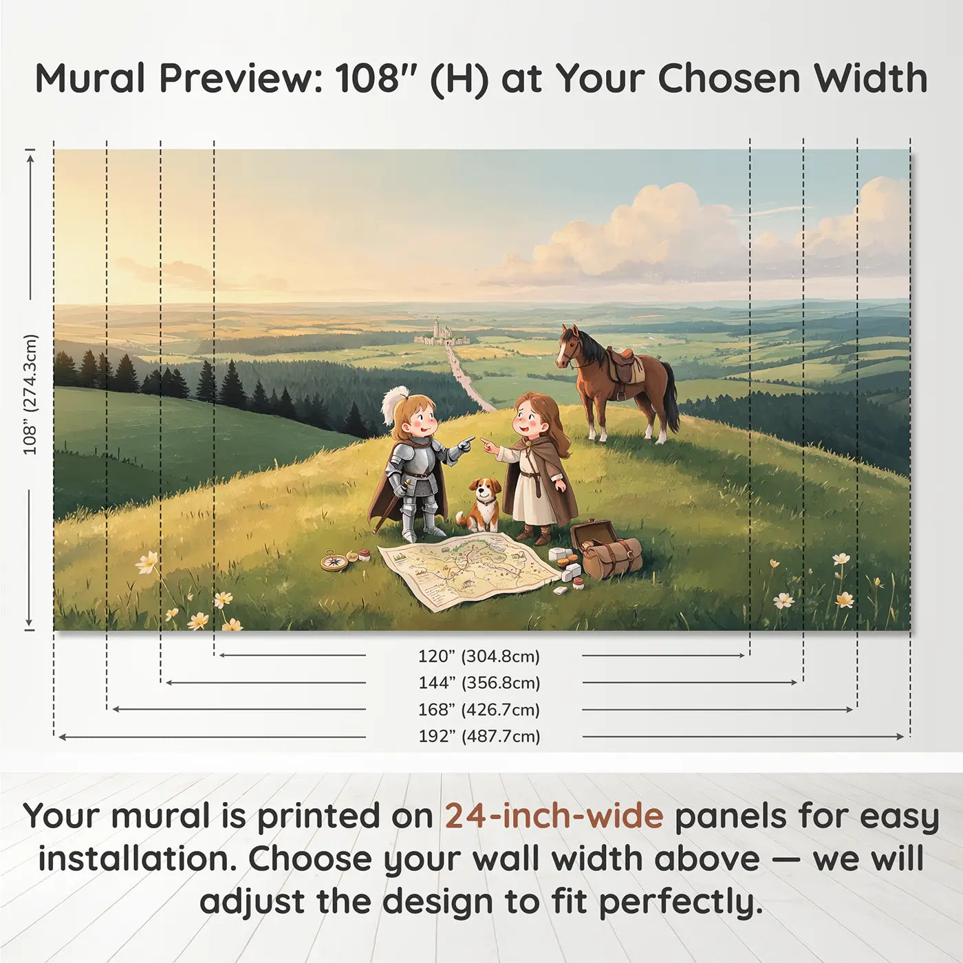 Panel layout and dimensions for Knight and Princess Map Adventure Wallpaper Mural by Whimsy Tots