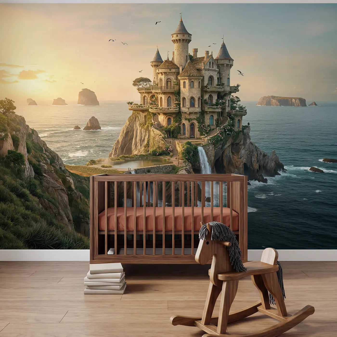 Soft pastel cliff castle ocean afternoon wallpaper mural for kids room by Whimsy Tots