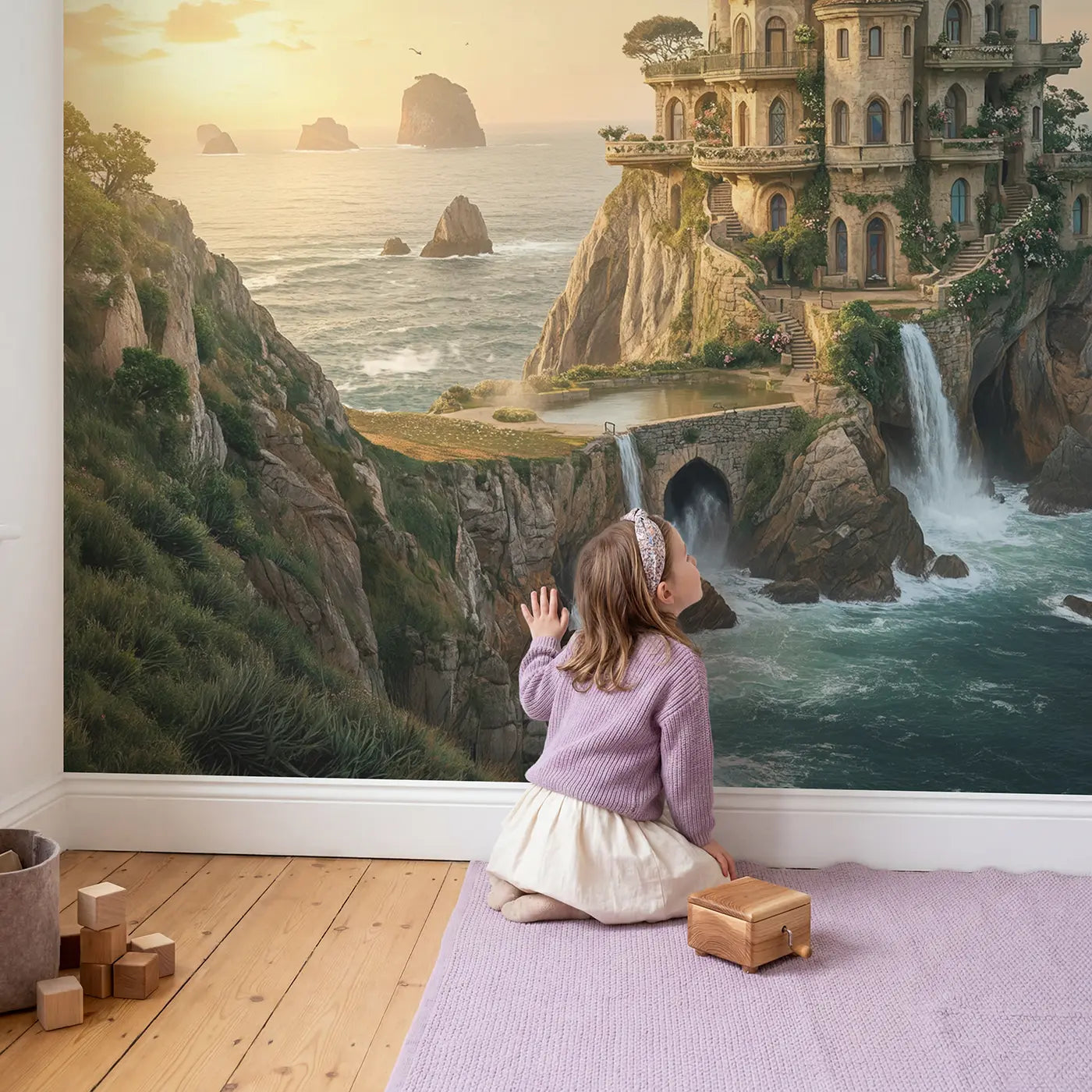 Child in nursery with Cliff Castle Ocean Afternoon Wallpaper Mural by Whimsy Tots