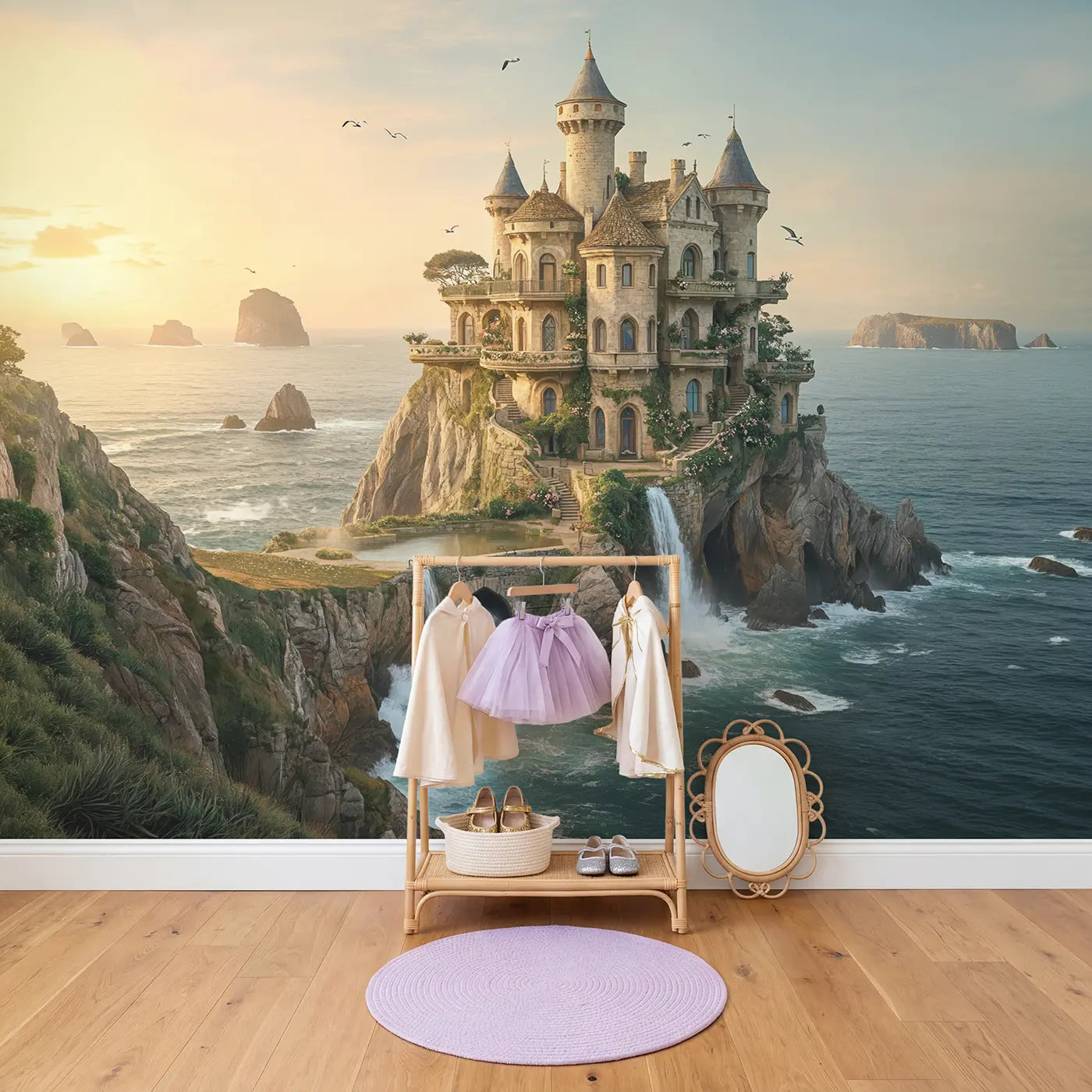 Cliff Castle Ocean Afternoon Wallpaper Mural in playroom setting by Whimsy Tots