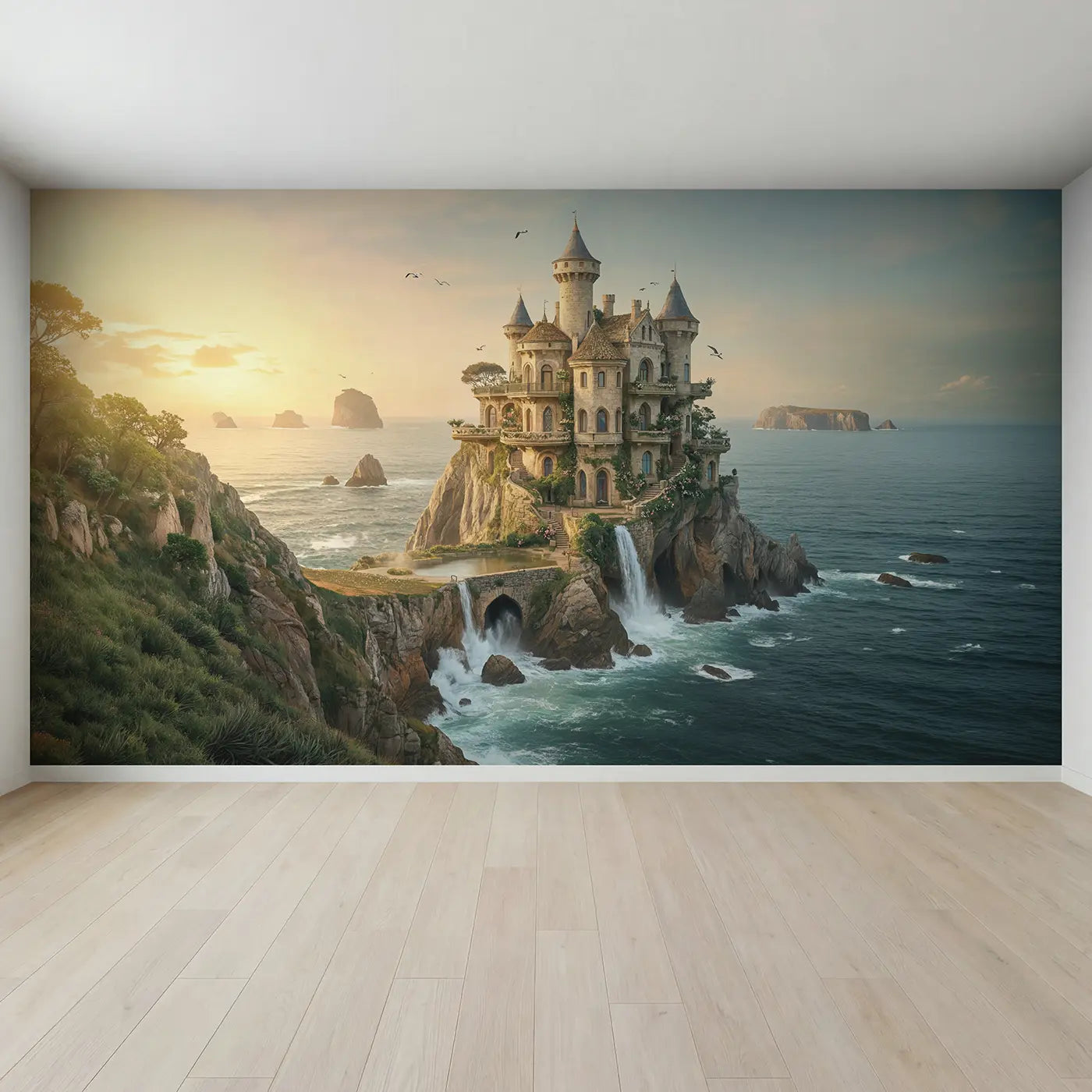 Full view of Cliff Castle Ocean Afternoon Wallpaper Mural by Whimsy Tots