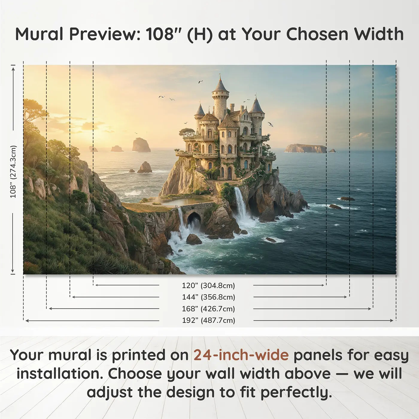 Panel layout and dimensions for Cliff Castle Ocean Afternoon Wallpaper Mural by Whimsy Tots