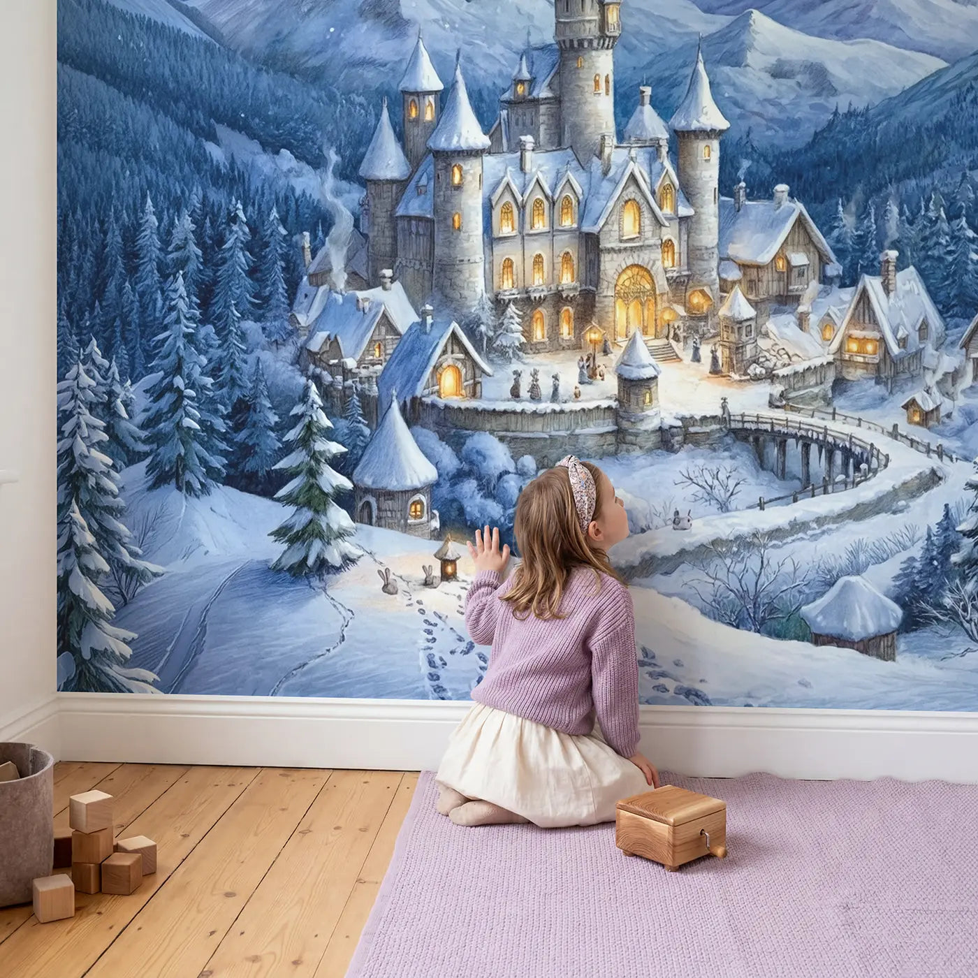 Child in nursery with Winter Castle Warm Windows Wallpaper Mural by Whimsy Tots