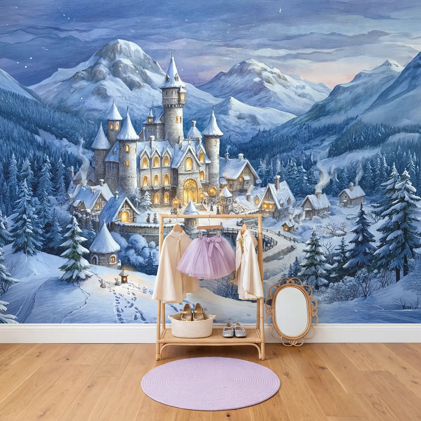 Winter Castle Warm Windows Wallpaper Mural in playroom setting by Whimsy Tots