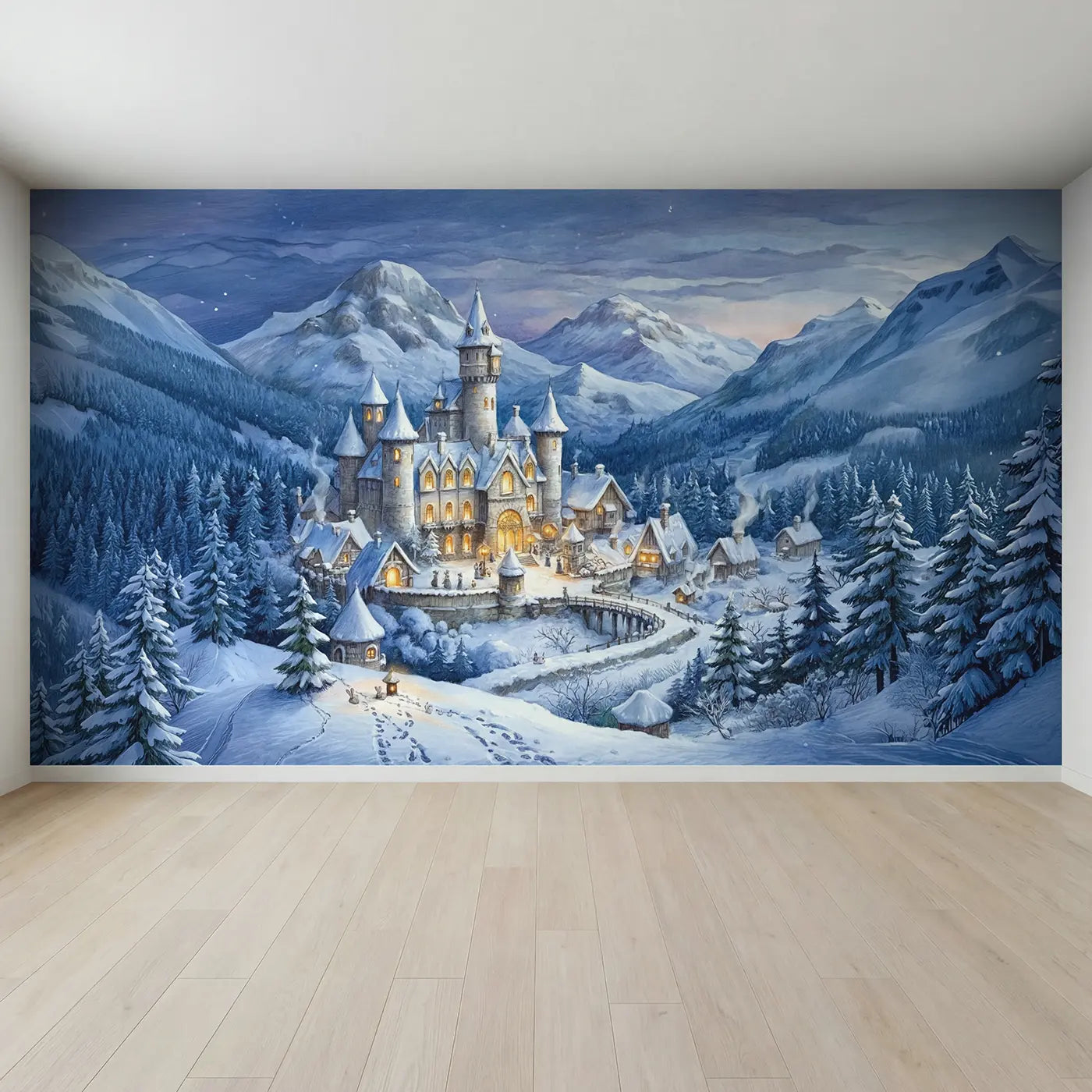 Full view of Winter Castle Warm Windows Wallpaper Mural by Whimsy Tots