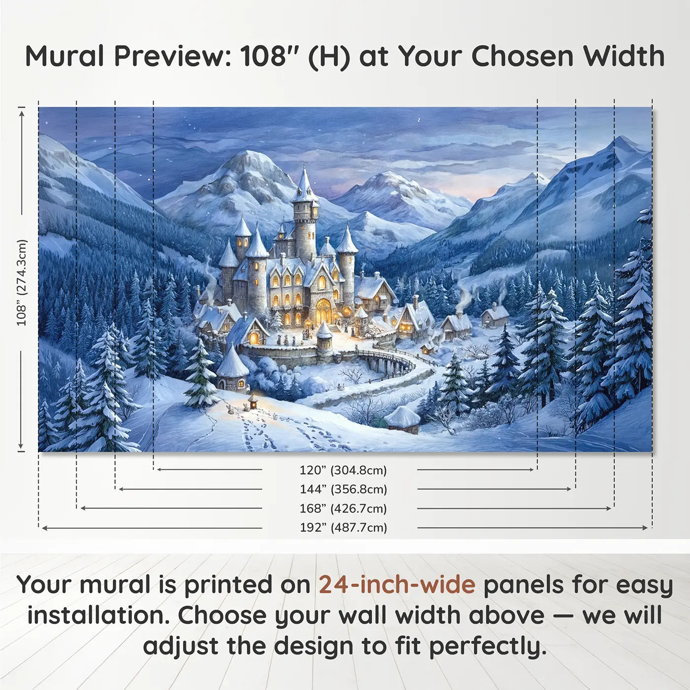Panel layout and dimensions for Winter Castle Warm Windows Wallpaper Mural by Whimsy Tots