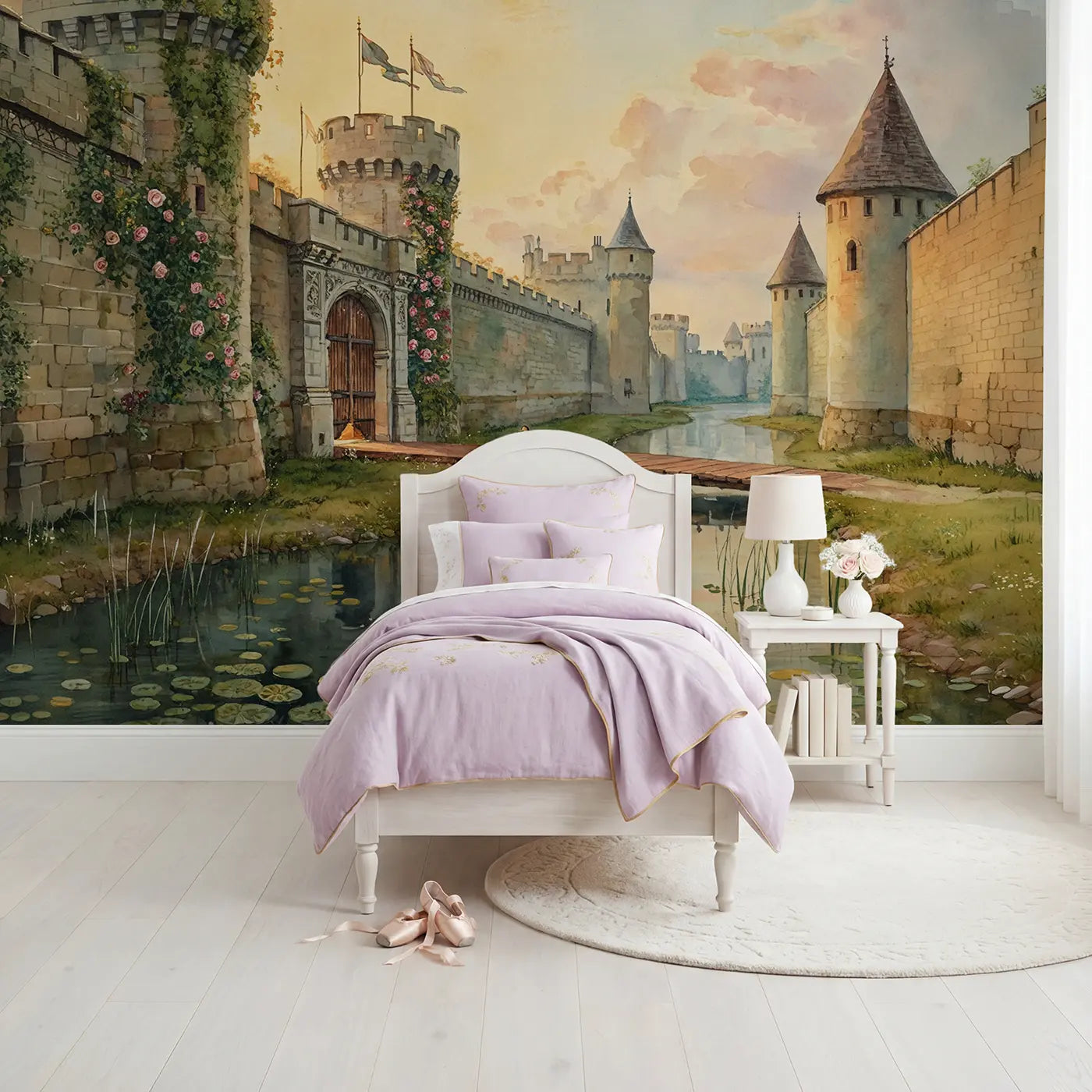 Watercolor castle moat swans sunset wallpaper mural for girls room by Whimsy Tots