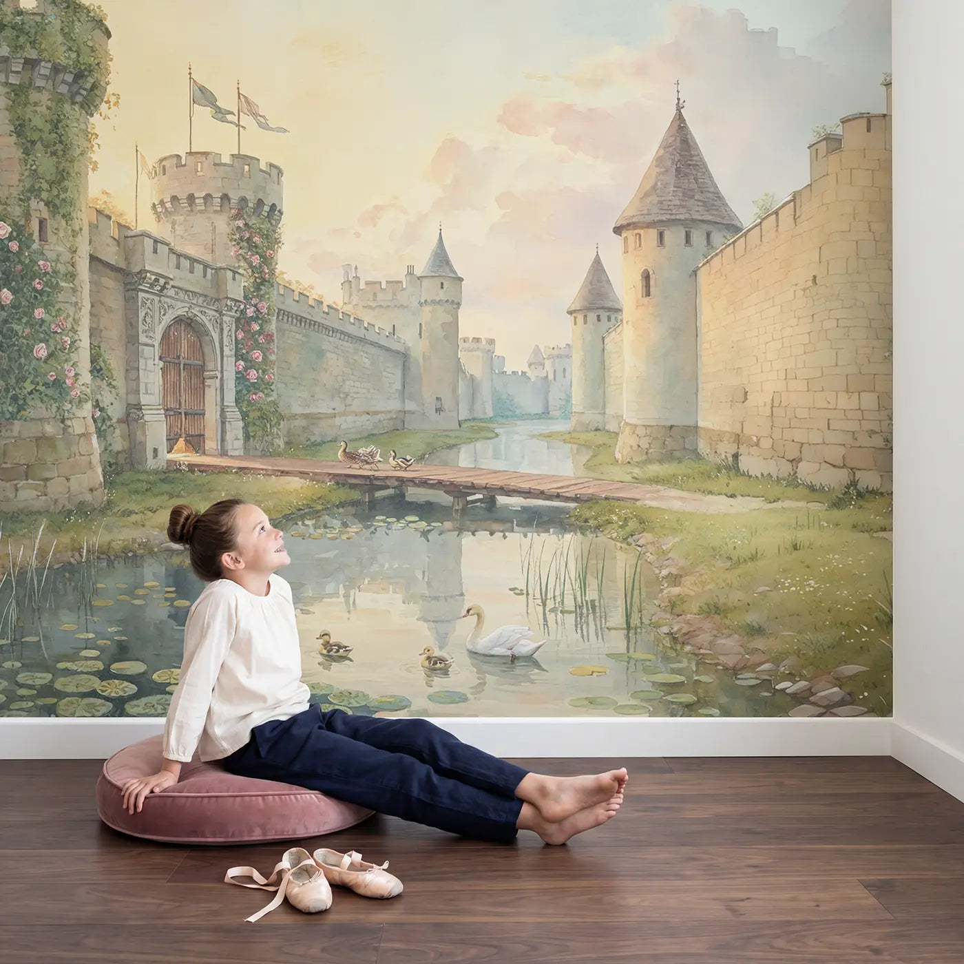 Child in nursery with Castle Moat and Swans Wallpaper Mural by Whimsy Tots