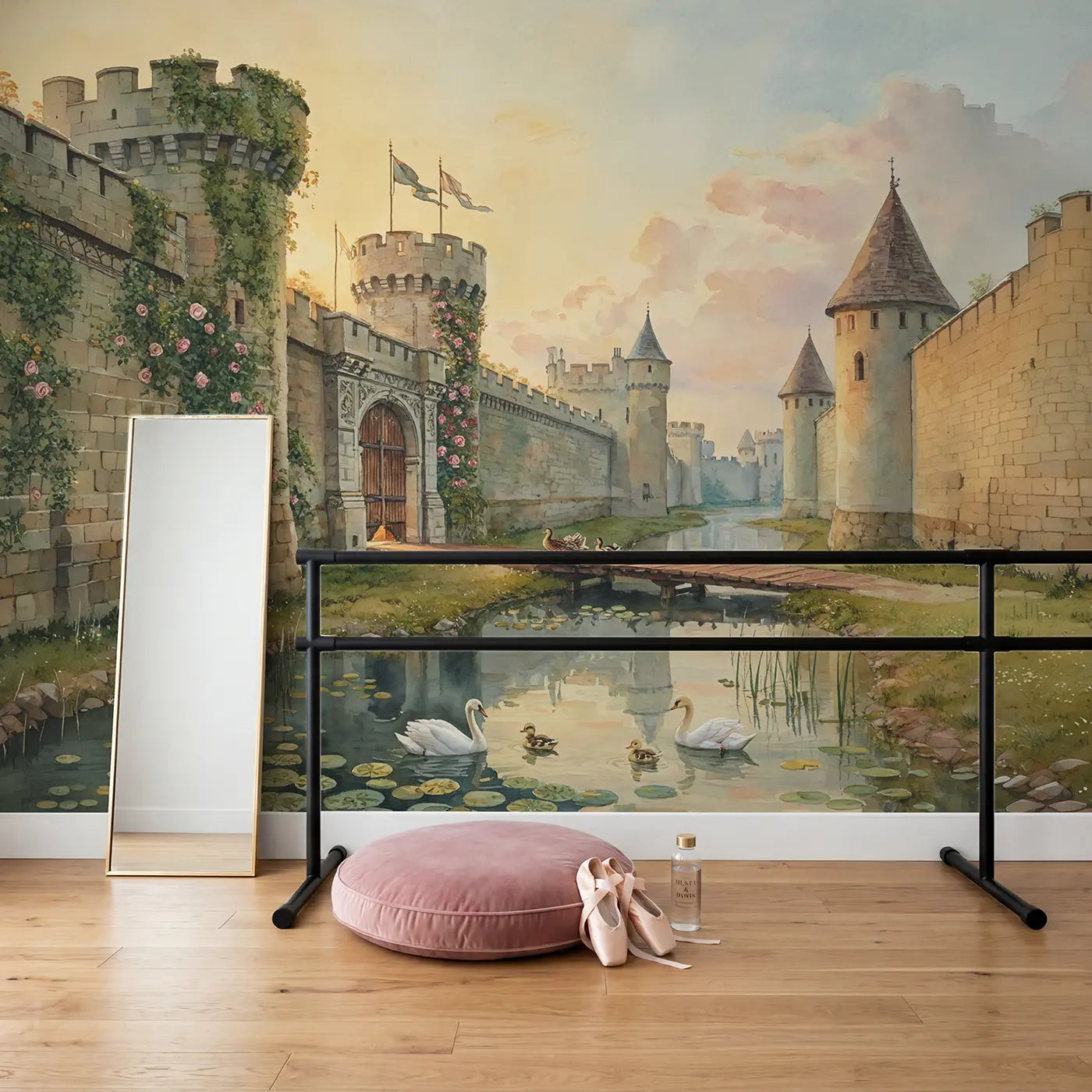 Castle Moat and Swans Wallpaper Mural in playroom setting by Whimsy Tots