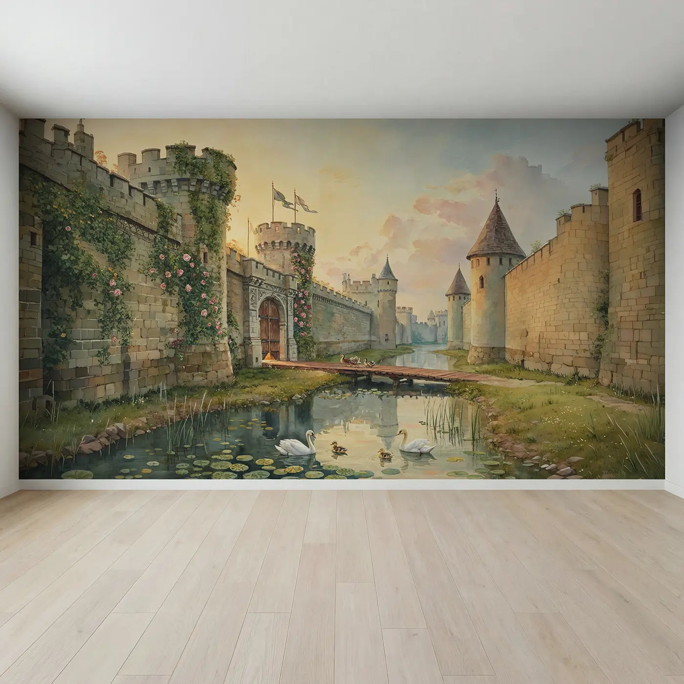 Full view of Castle Moat and Swans Wallpaper Mural by Whimsy Tots
