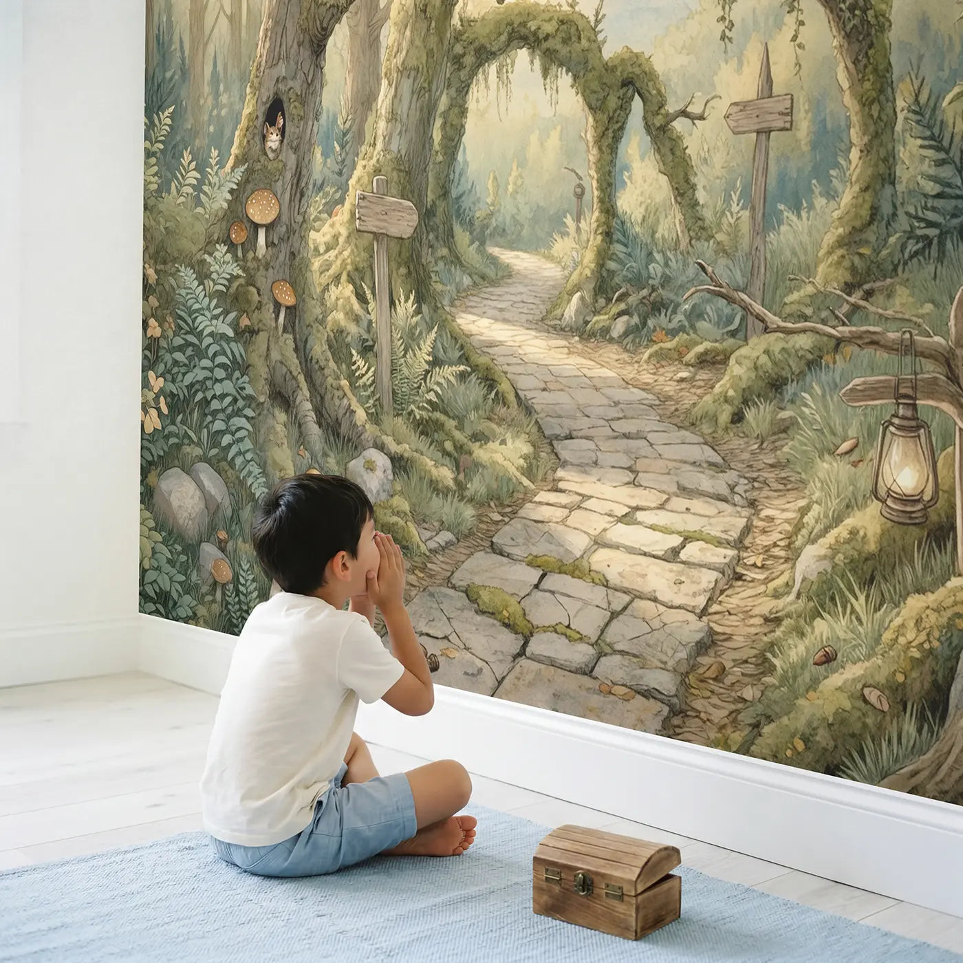 Child in nursery with Enchanted Forest Castle Path Wallpaper Mural by Whimsy Tots