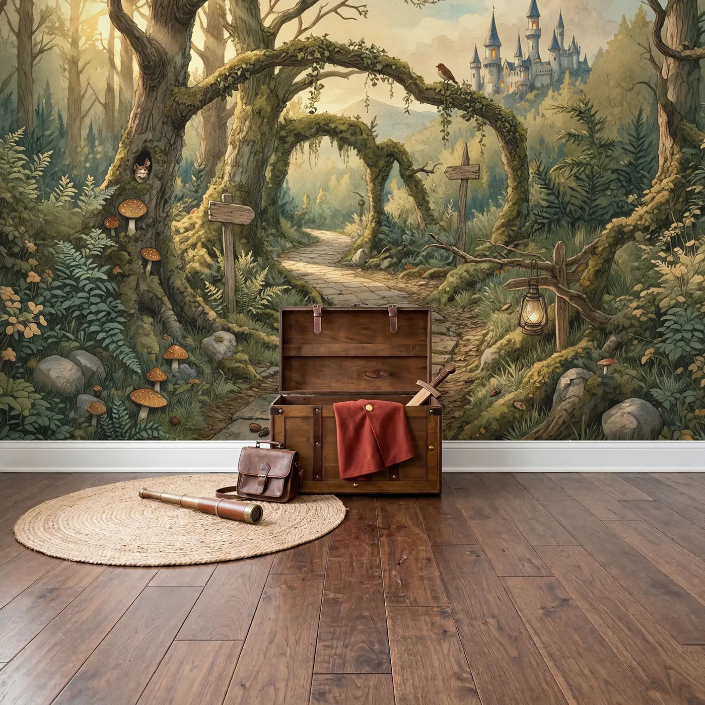 Enchanted Forest Castle Path Wallpaper Mural in playroom setting by Whimsy Tots