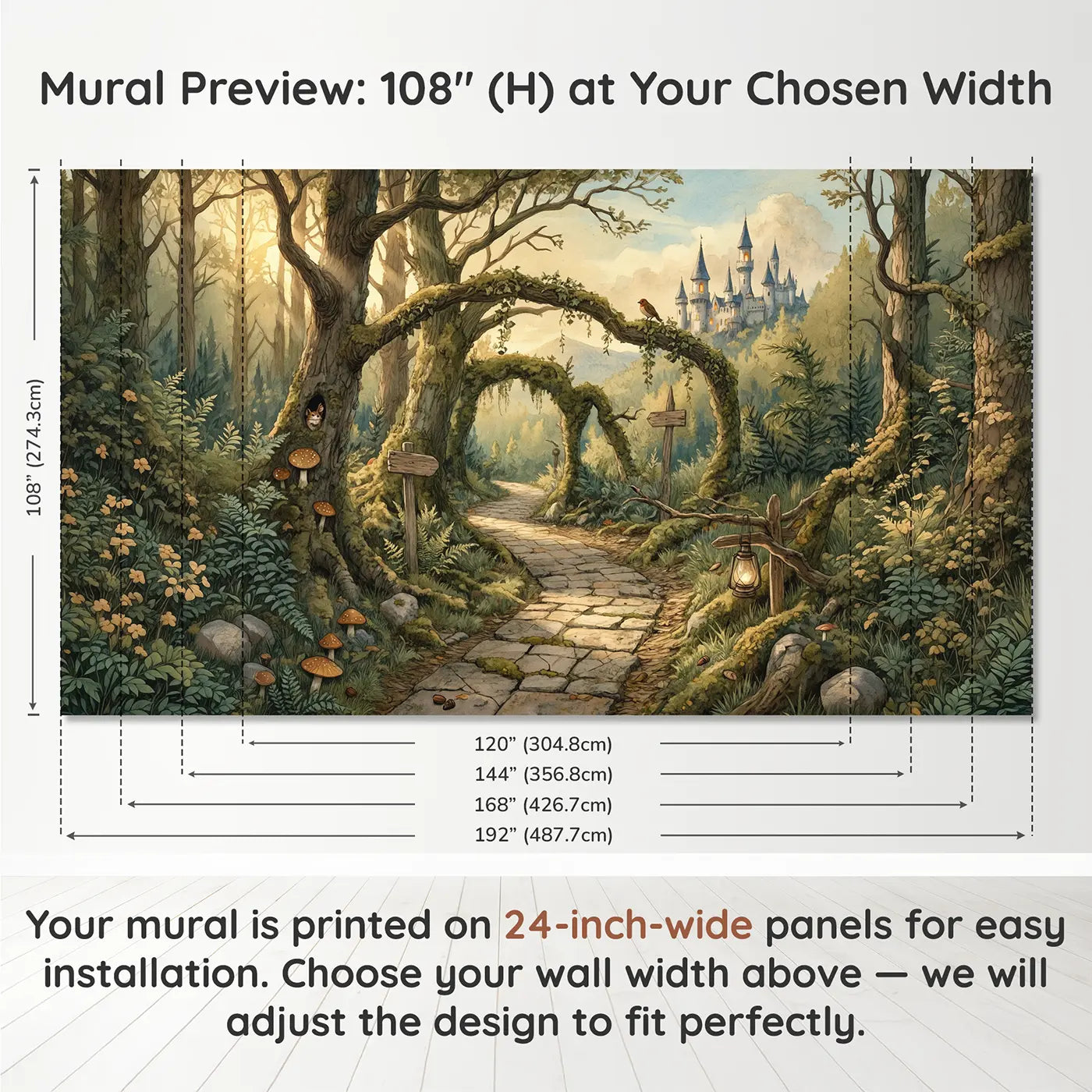 Panel layout and dimensions for Enchanted Forest Castle Path Wallpaper Mural by Whimsy Tots
