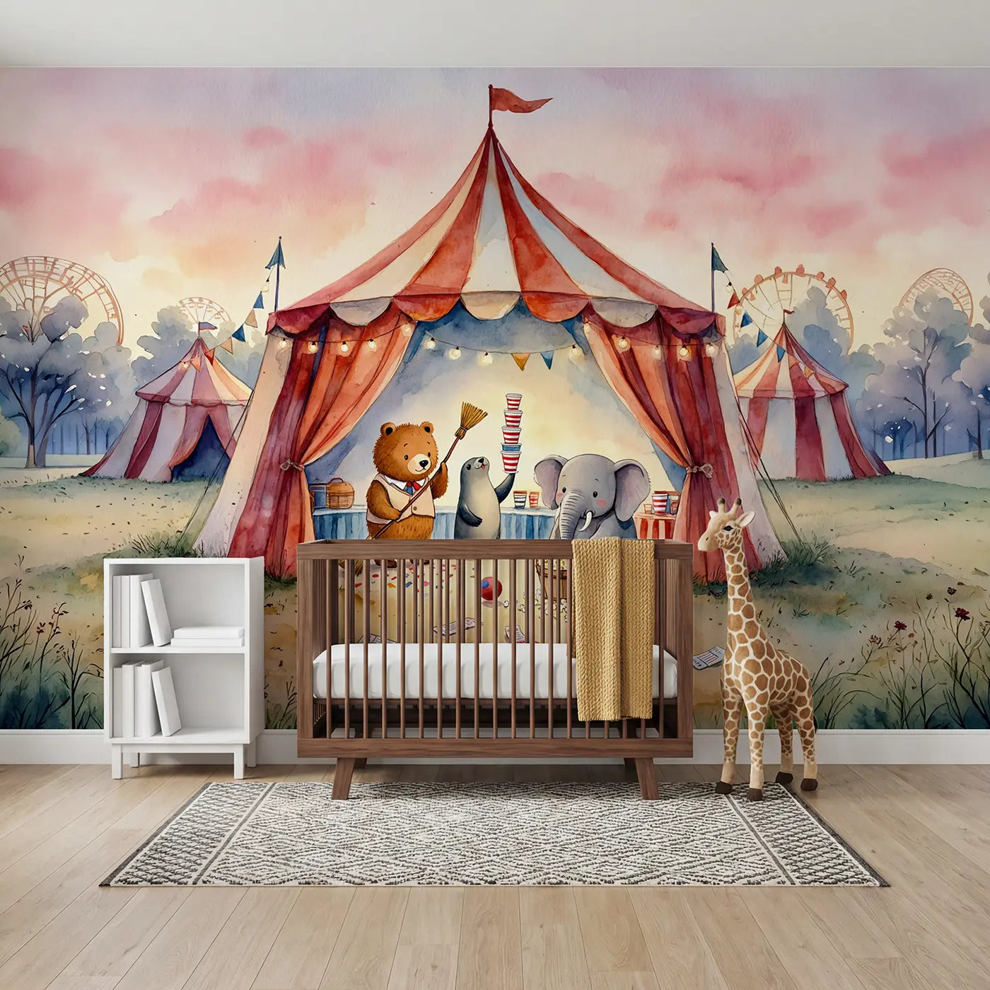 Watercolor circus elephant bear tent wallpaper mural for playroom by Whimsy Tots