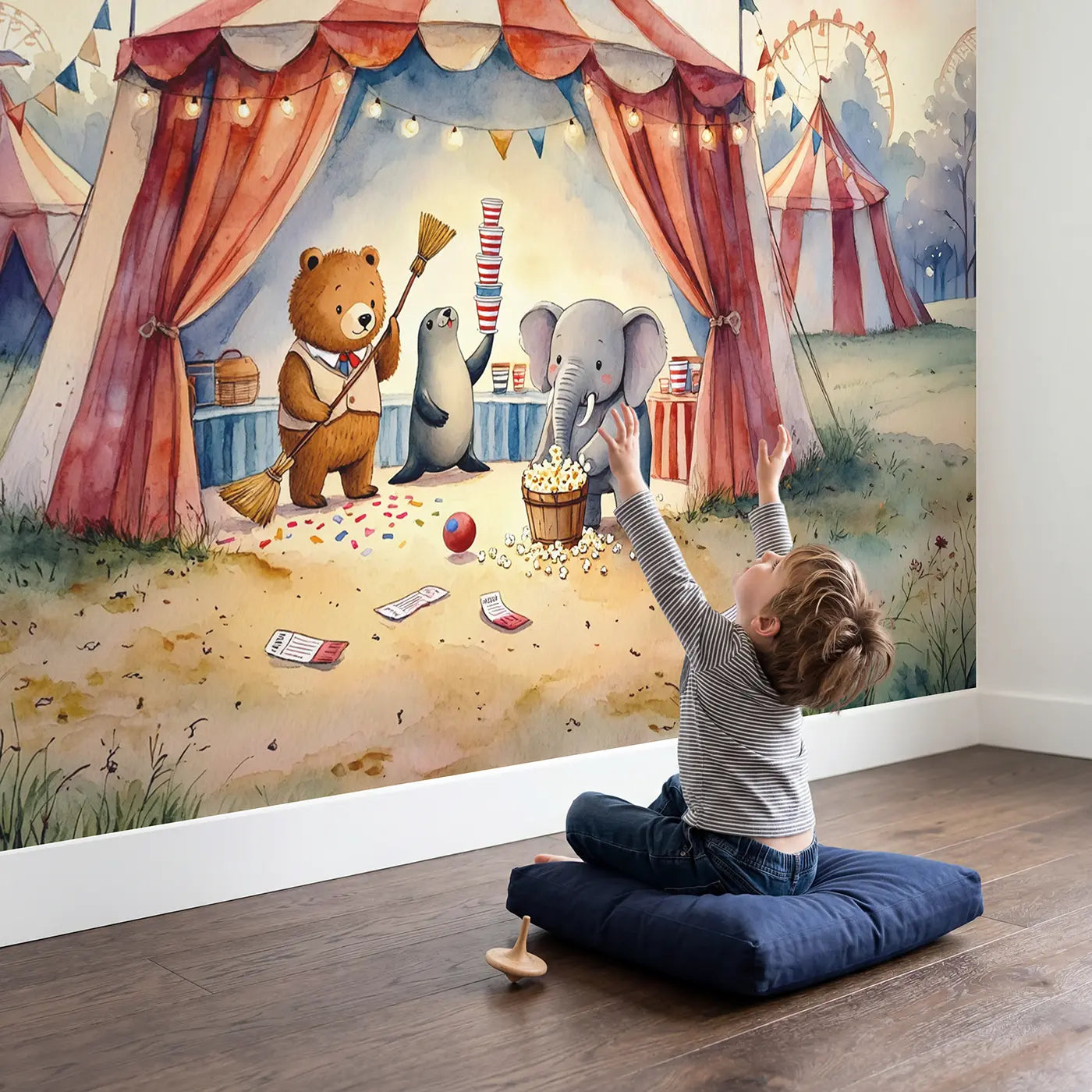 Child in nursery with Circus Cleanup Crew Wallpaper Mural by Whimsy Tots