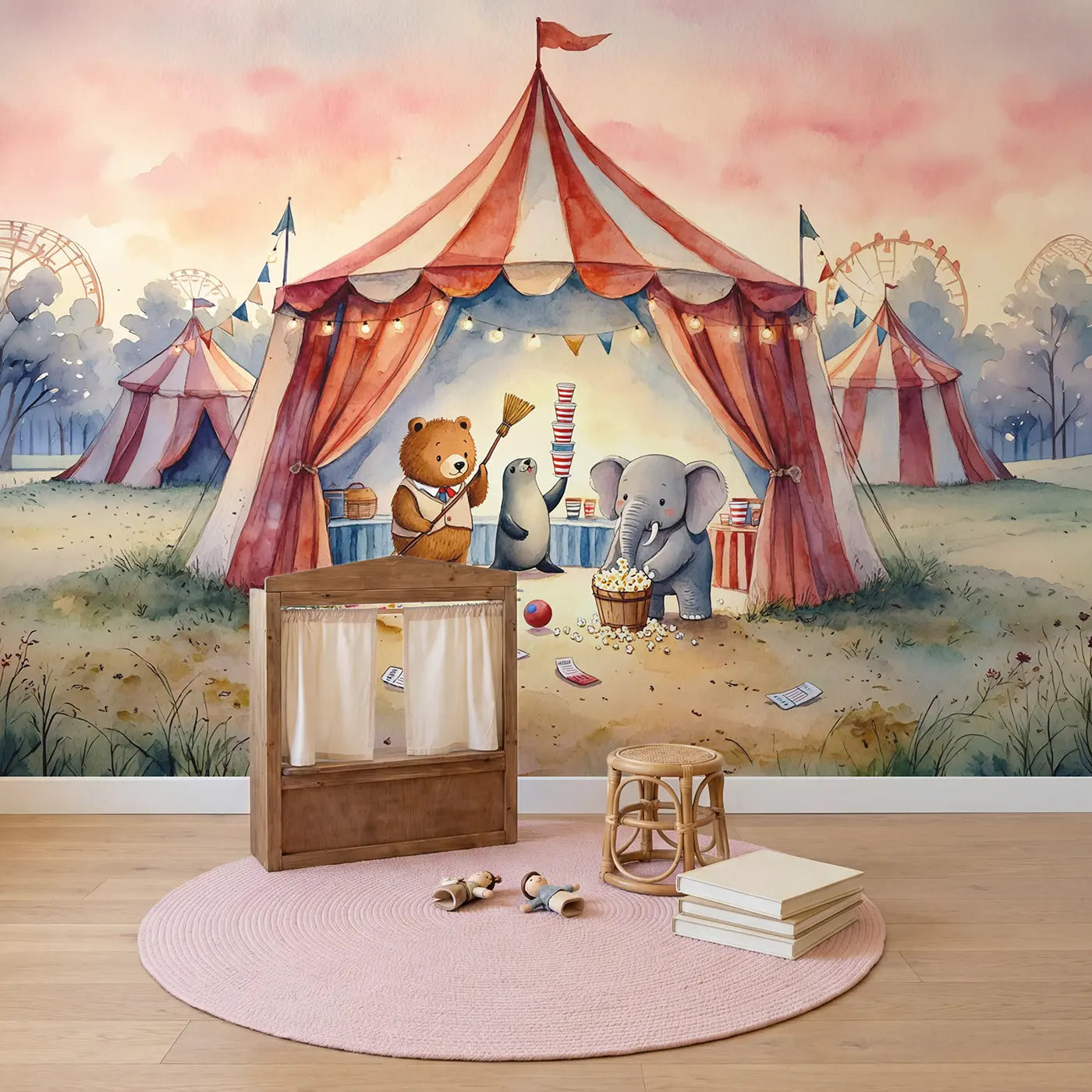 Circus Cleanup Crew Wallpaper Mural in playroom setting by Whimsy Tots