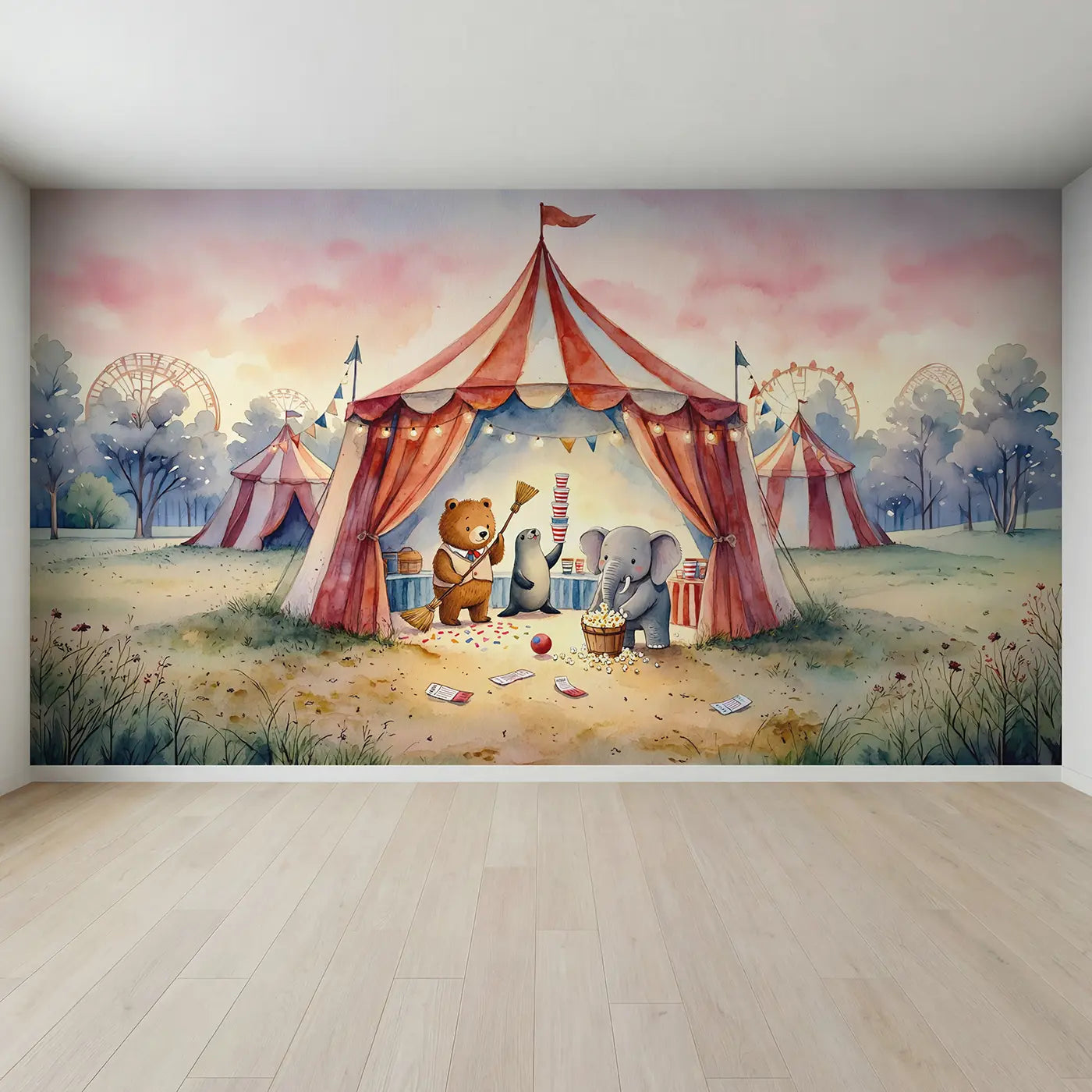 Full view of Circus Cleanup Crew Wallpaper Mural by Whimsy Tots