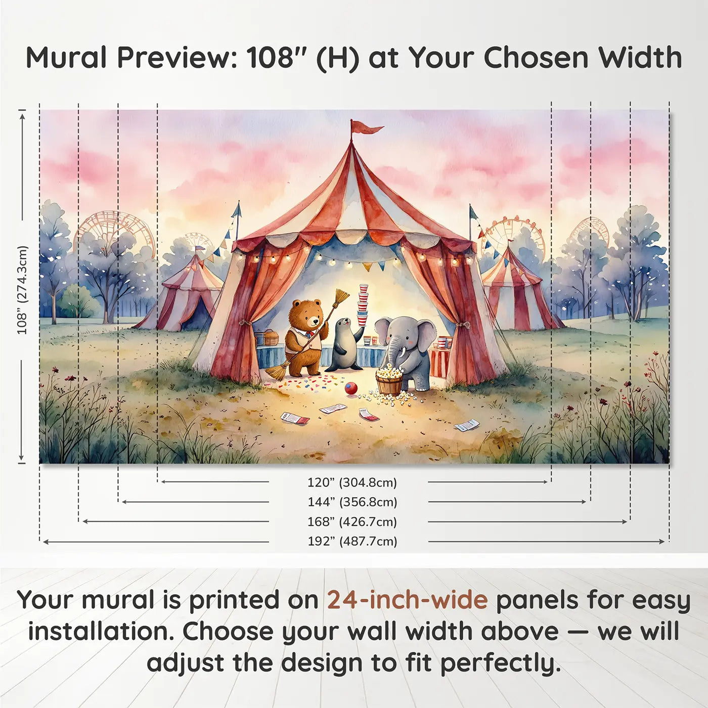 Panel layout and dimensions for Circus Cleanup Crew Wallpaper Mural by Whimsy Tots