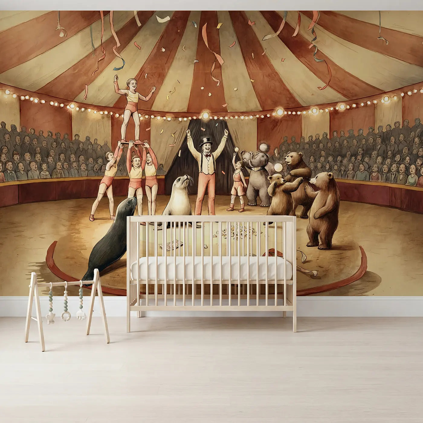 Storybook circus grand finale wallpaper mural for kids room by Whimsy Tots
