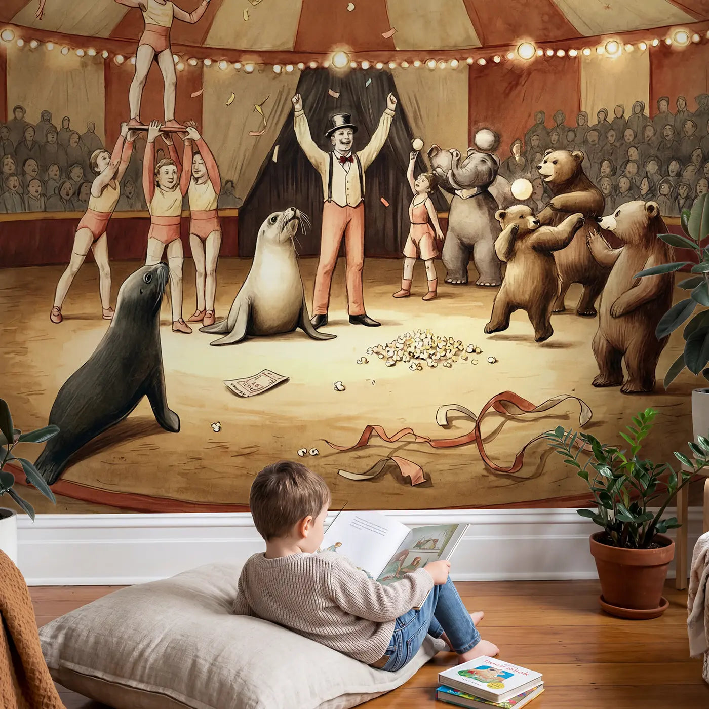 Child in nursery with Circus Grand Finale Wallpaper Mural by Whimsy Tots