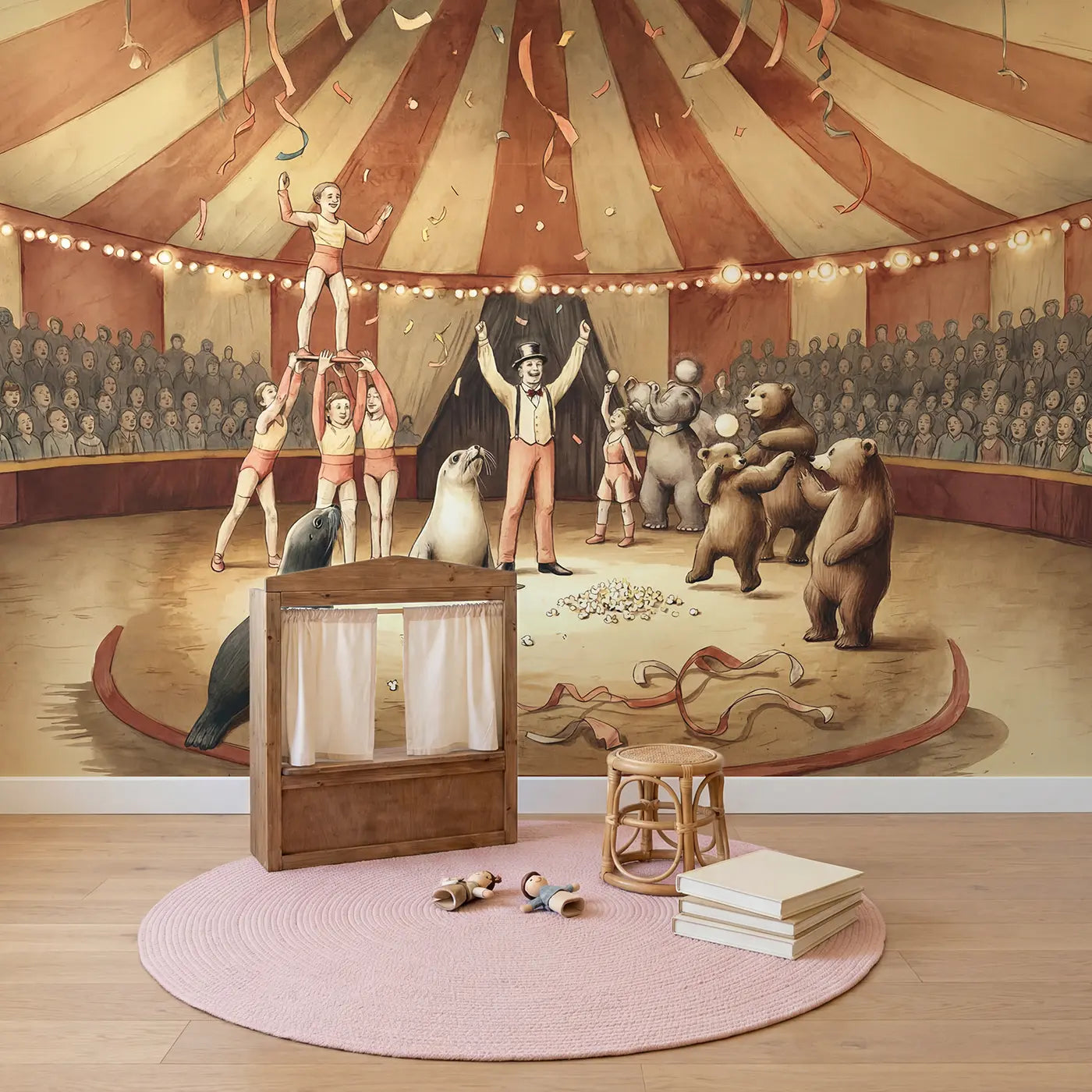Circus Grand Finale Wallpaper Mural in playroom setting by Whimsy Tots