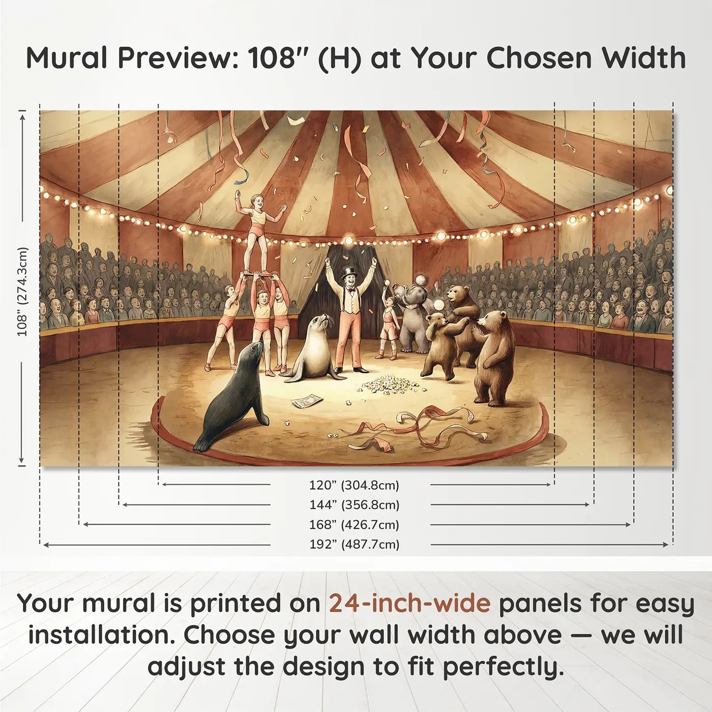 Panel layout and dimensions for Circus Grand Finale Wallpaper Mural by Whimsy Tots