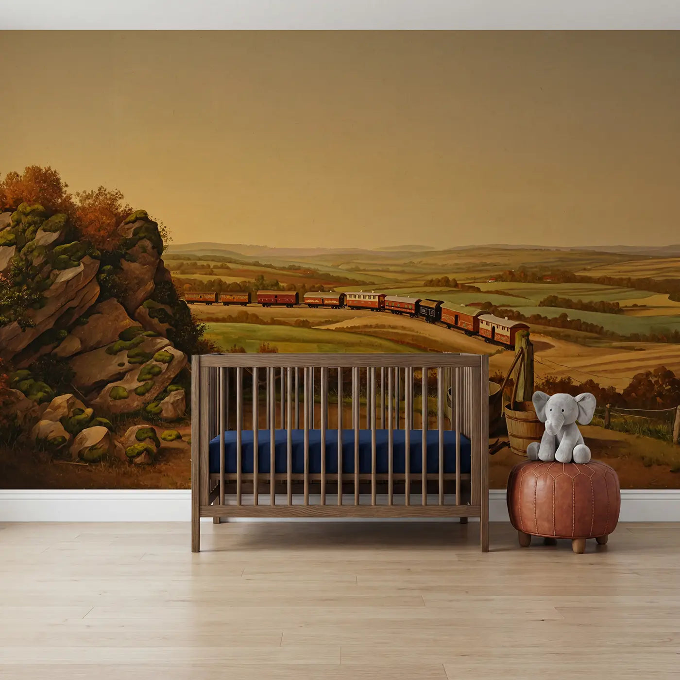 illustrated circus train countryside wallpaper mural for kids room by Whimsy Tots