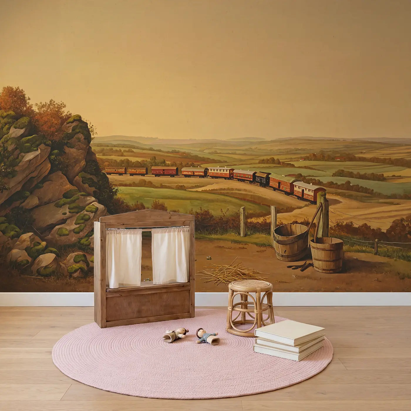 Circus Train Winding Countryside Wallpaper Mural in playroom setting by Whimsy Tots