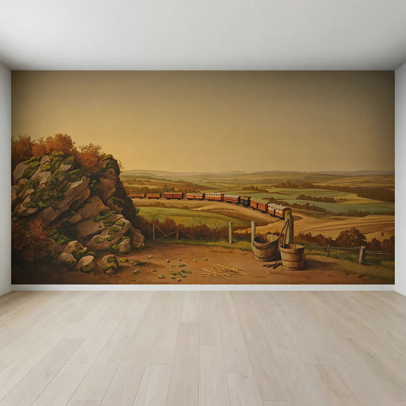Full view of Circus Train Winding Countryside Wallpaper Mural by Whimsy Tots