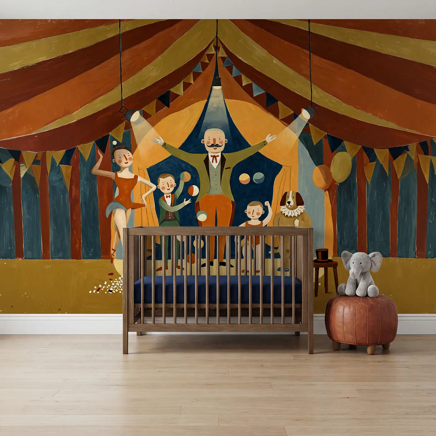 Modern illustration circus family portrait wallpaper mural for nursery by Whimsy Tots