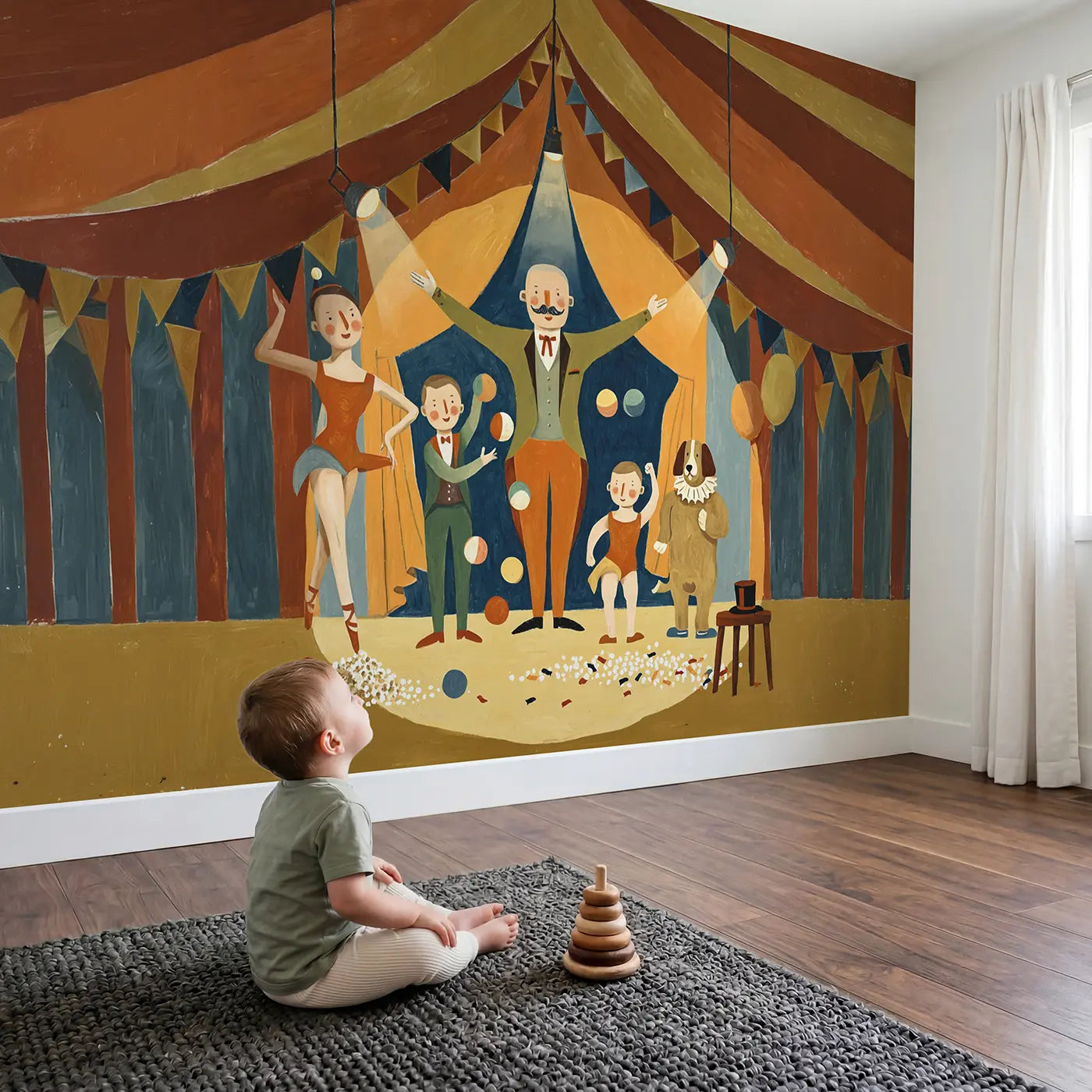Child in nursery with Circus Family Portrait Wallpaper Mural by Whimsy Tots