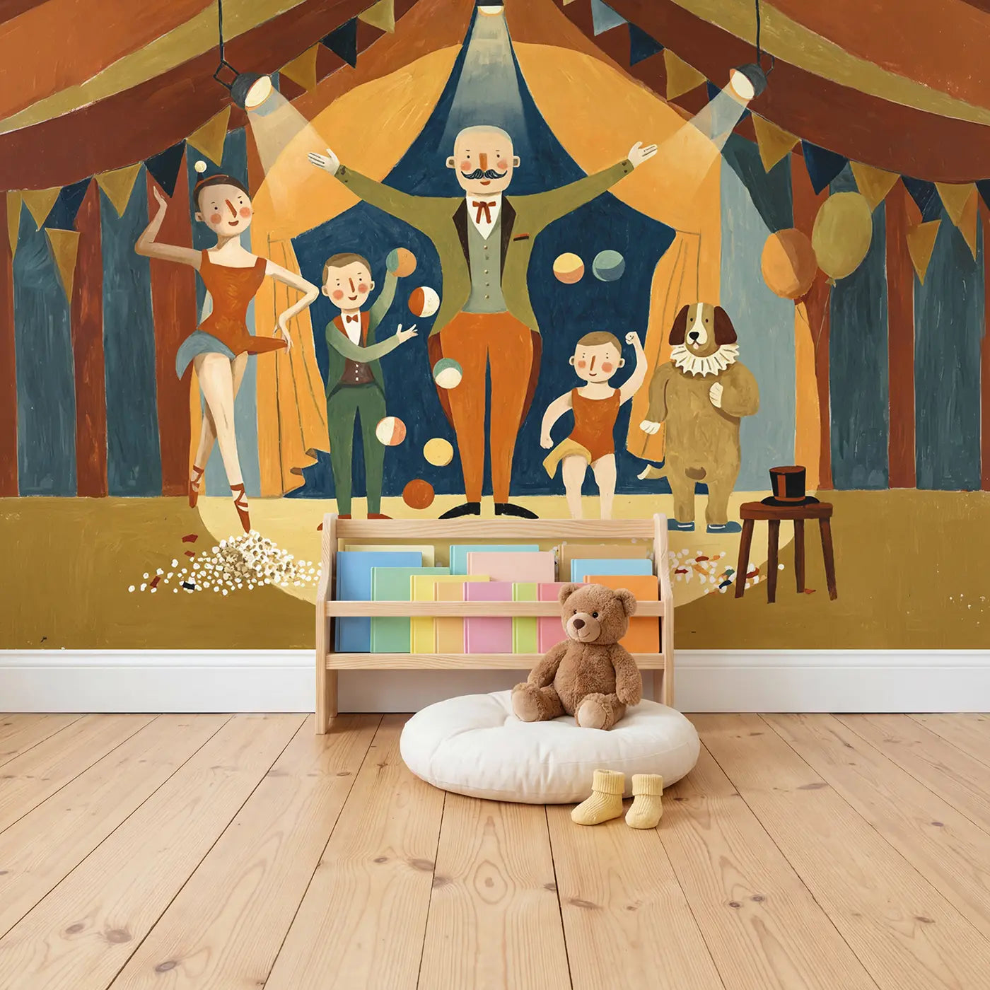 Circus Family Portrait Wallpaper Mural in playroom setting by Whimsy Tots