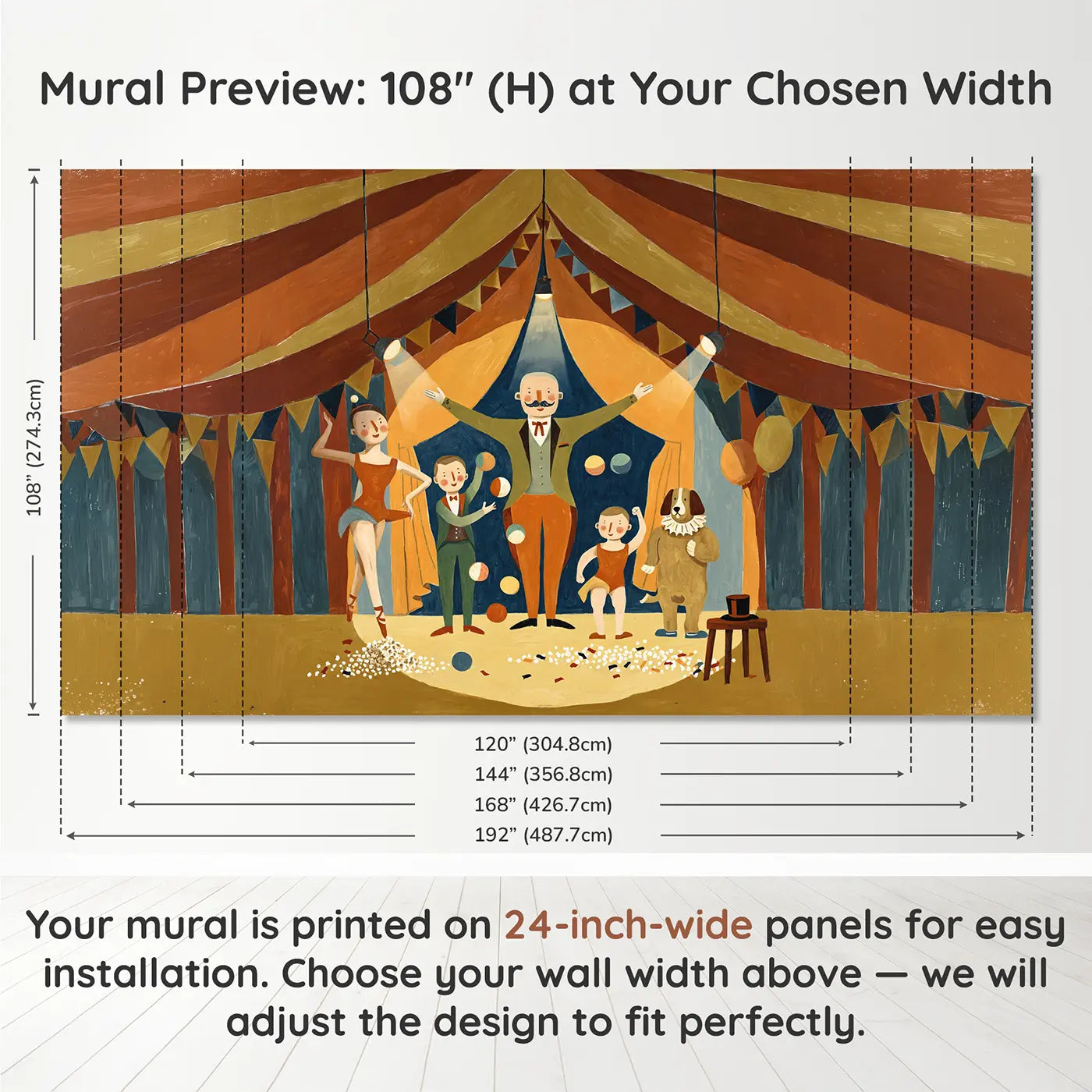 Panel layout and dimensions for Circus Family Portrait Wallpaper Mural by Whimsy Tots