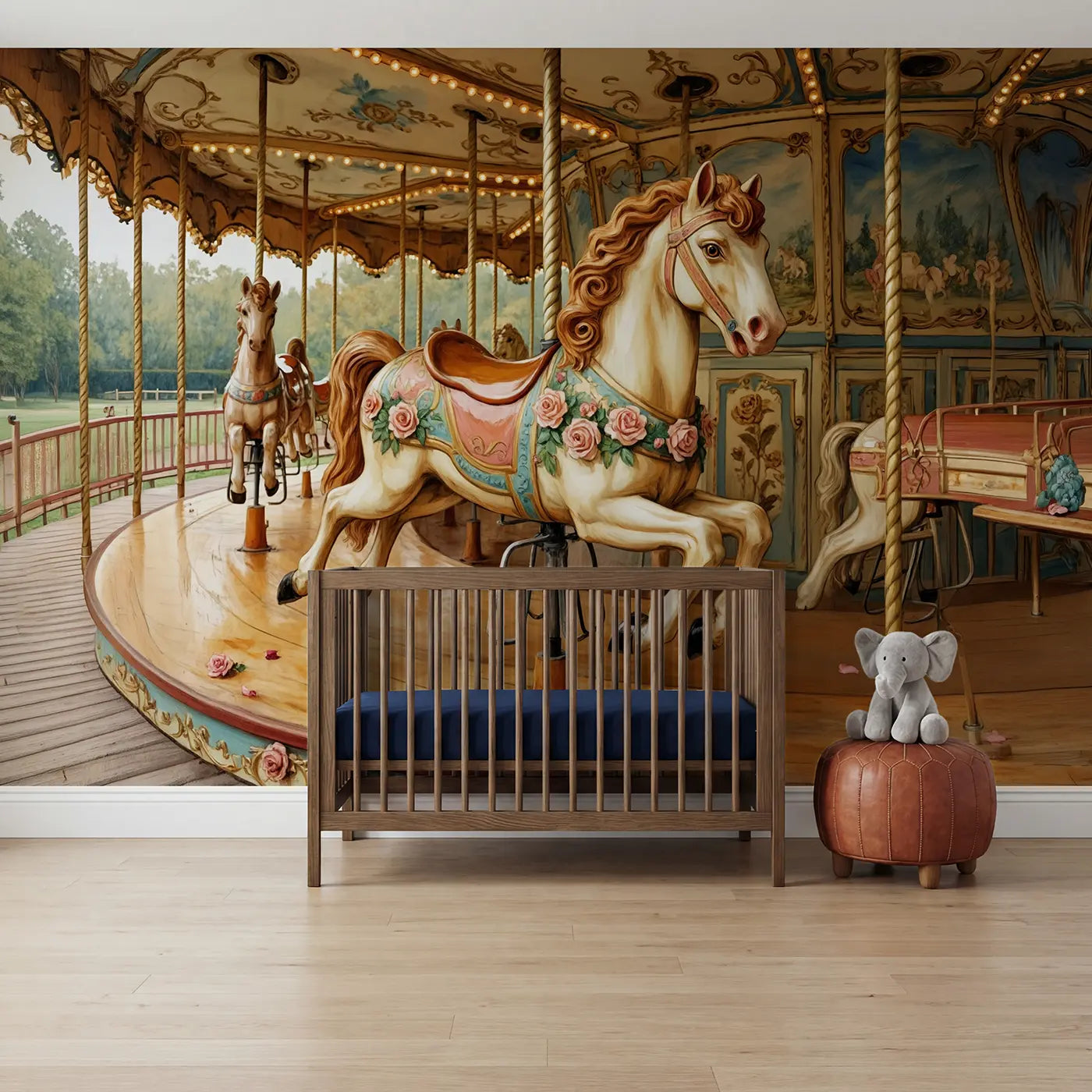 Storybook golden carousel horse wallpaper mural for kids room by Whimsy Tots