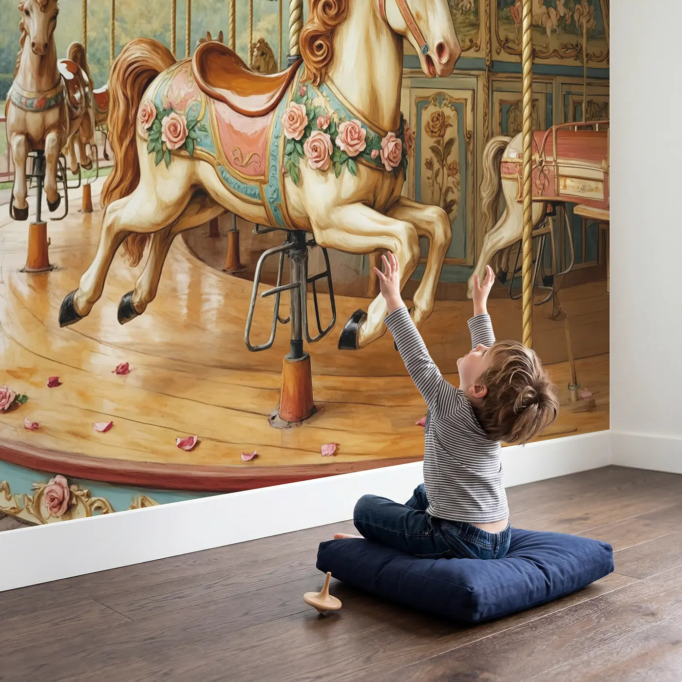 Child in nursery with Golden Carousel Horse Wallpaper Mural by Whimsy Tots
