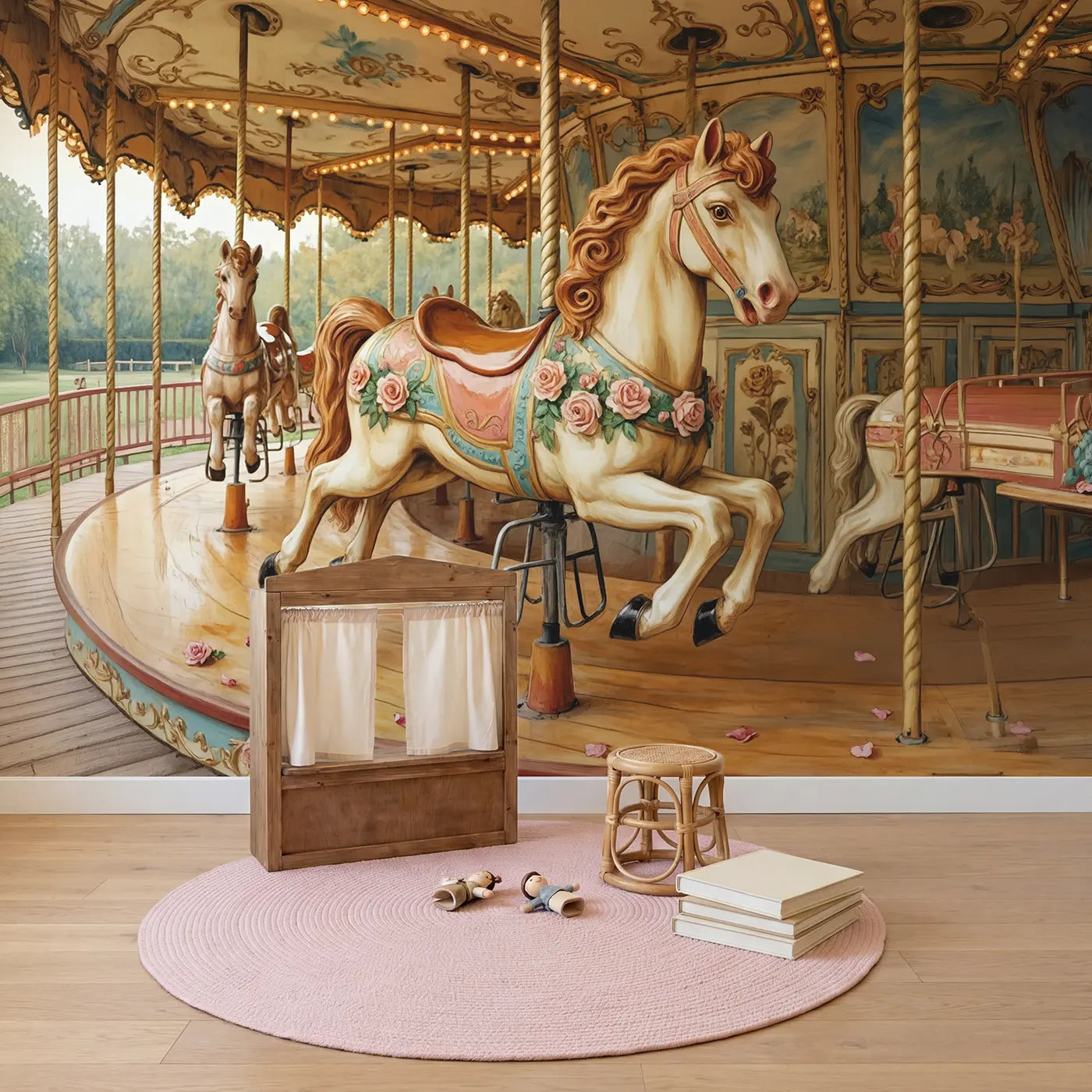 Golden Carousel Horse Wallpaper Mural in playroom setting by Whimsy Tots