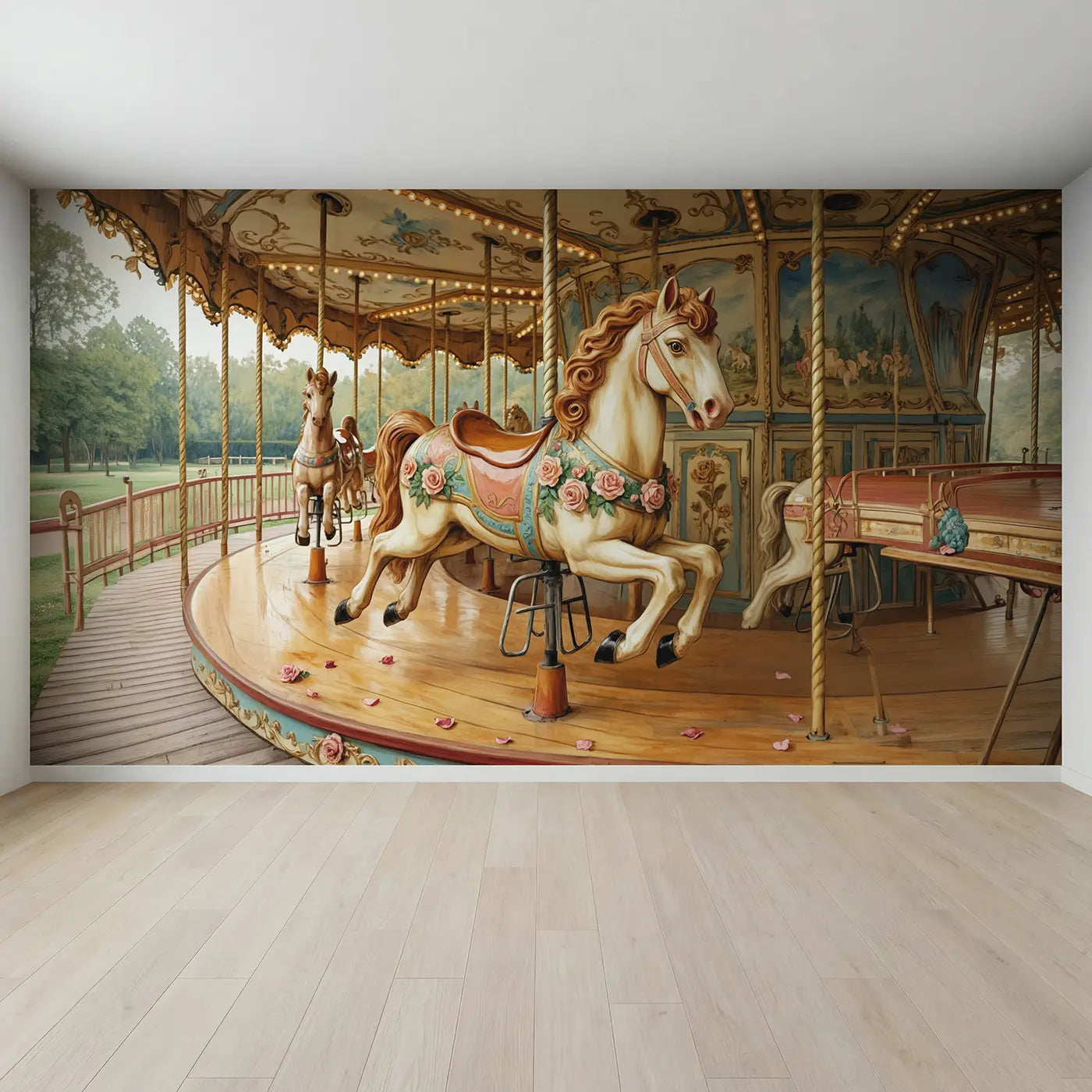Full view of Golden Carousel Horse Wallpaper Mural by Whimsy Tots