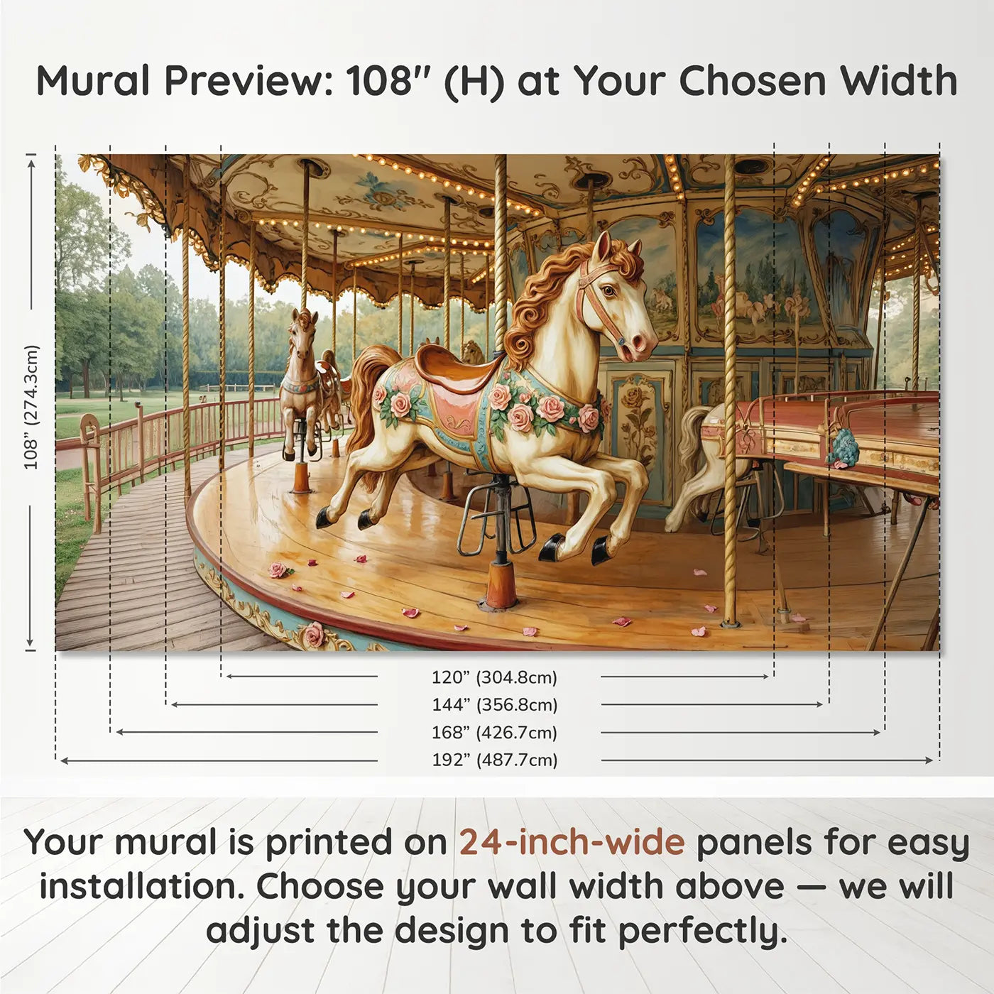Panel layout and dimensions for Golden Carousel Horse Wallpaper Mural by Whimsy Tots