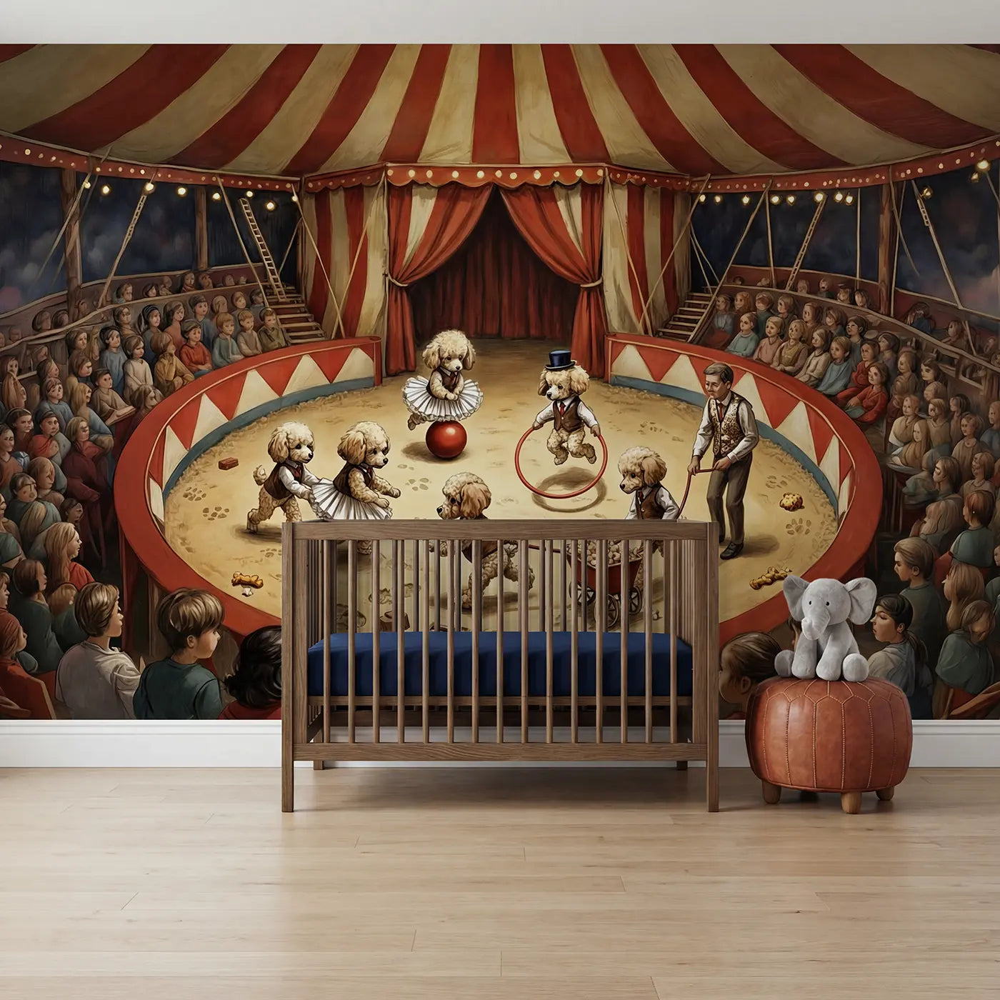 Storybook circus tent and acrobat wallpaper mural for kids room by Whimsy Tots