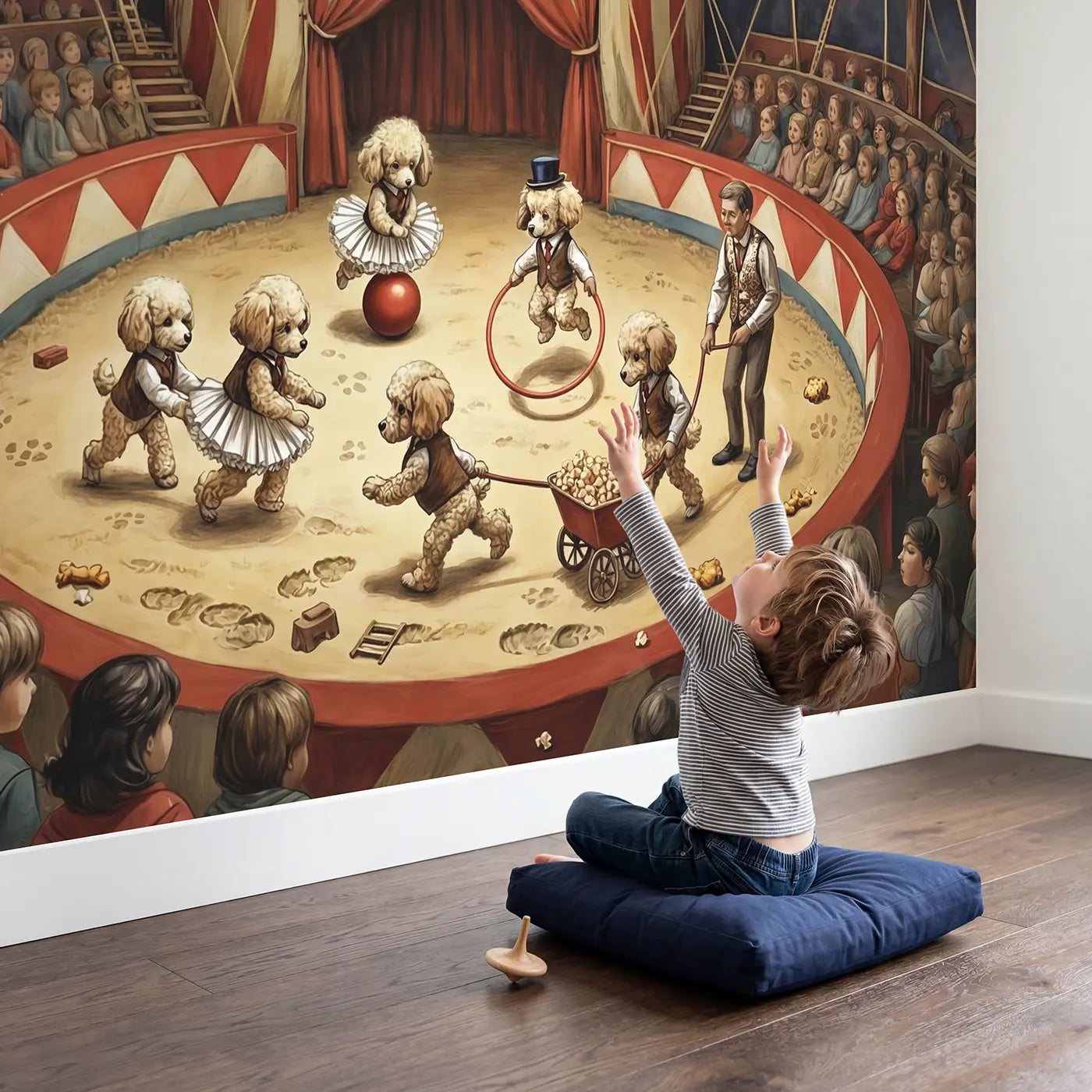 Child in nursery with Circus Poodle Costume Parade Wallpaper Mural by Whimsy Tots