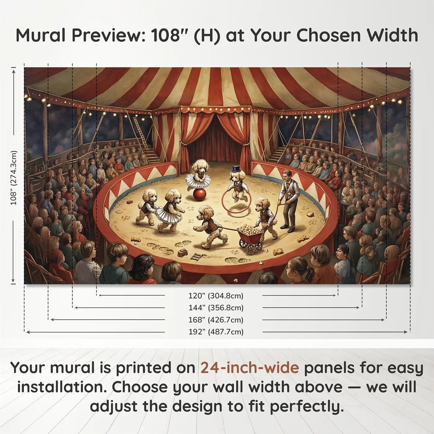 Panel layout and dimensions for Circus Poodle Costume Parade Wallpaper Mural by Whimsy Tots