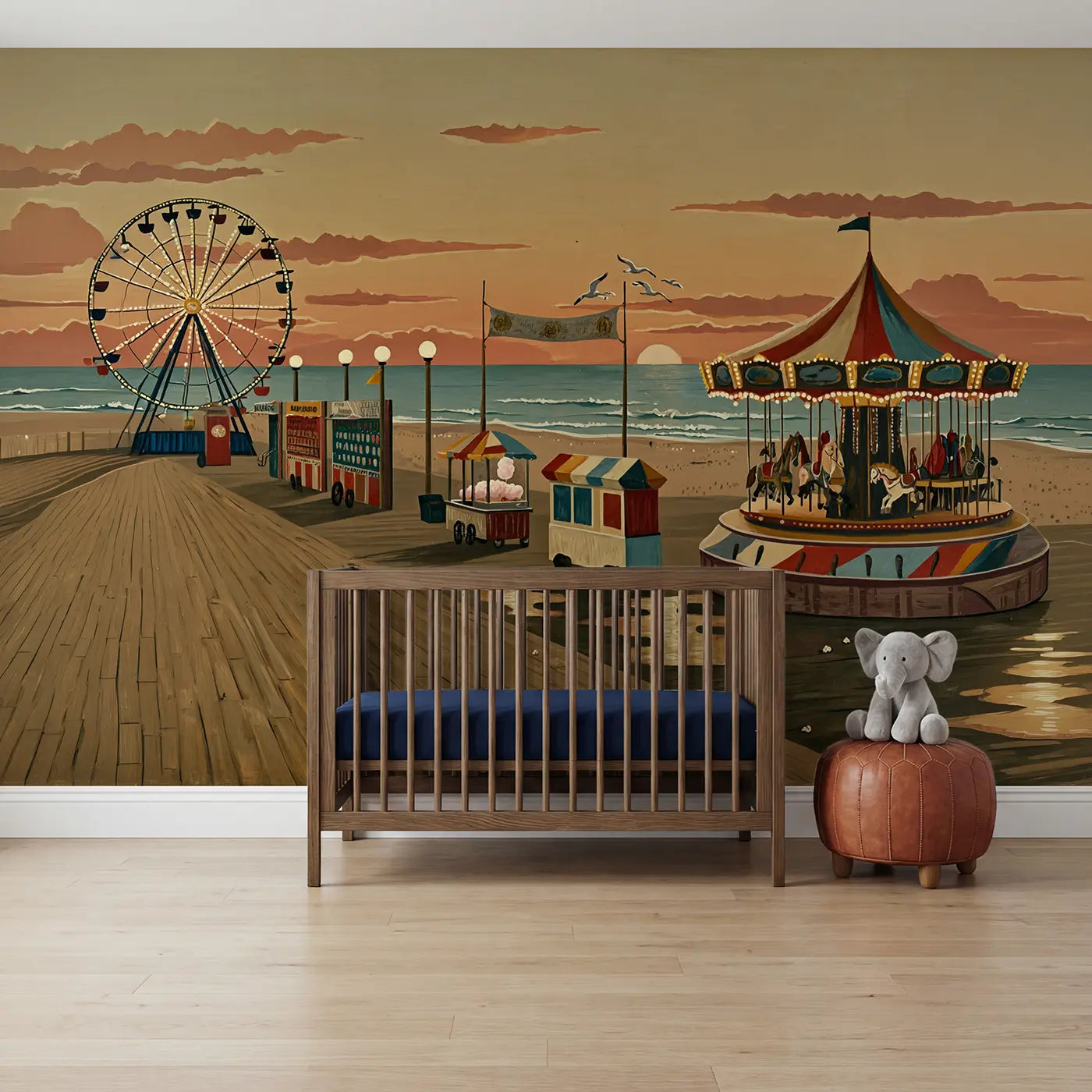 Gouache illustration carousel and ferris wheel wallpaper mural for kids room by Whimsy Tots